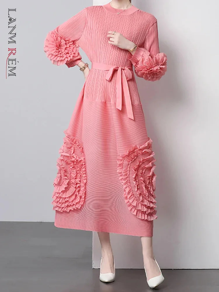 3D Flower Pleated Dress Bubble Sleeves High Waist Designer High-end Te –  Lala's