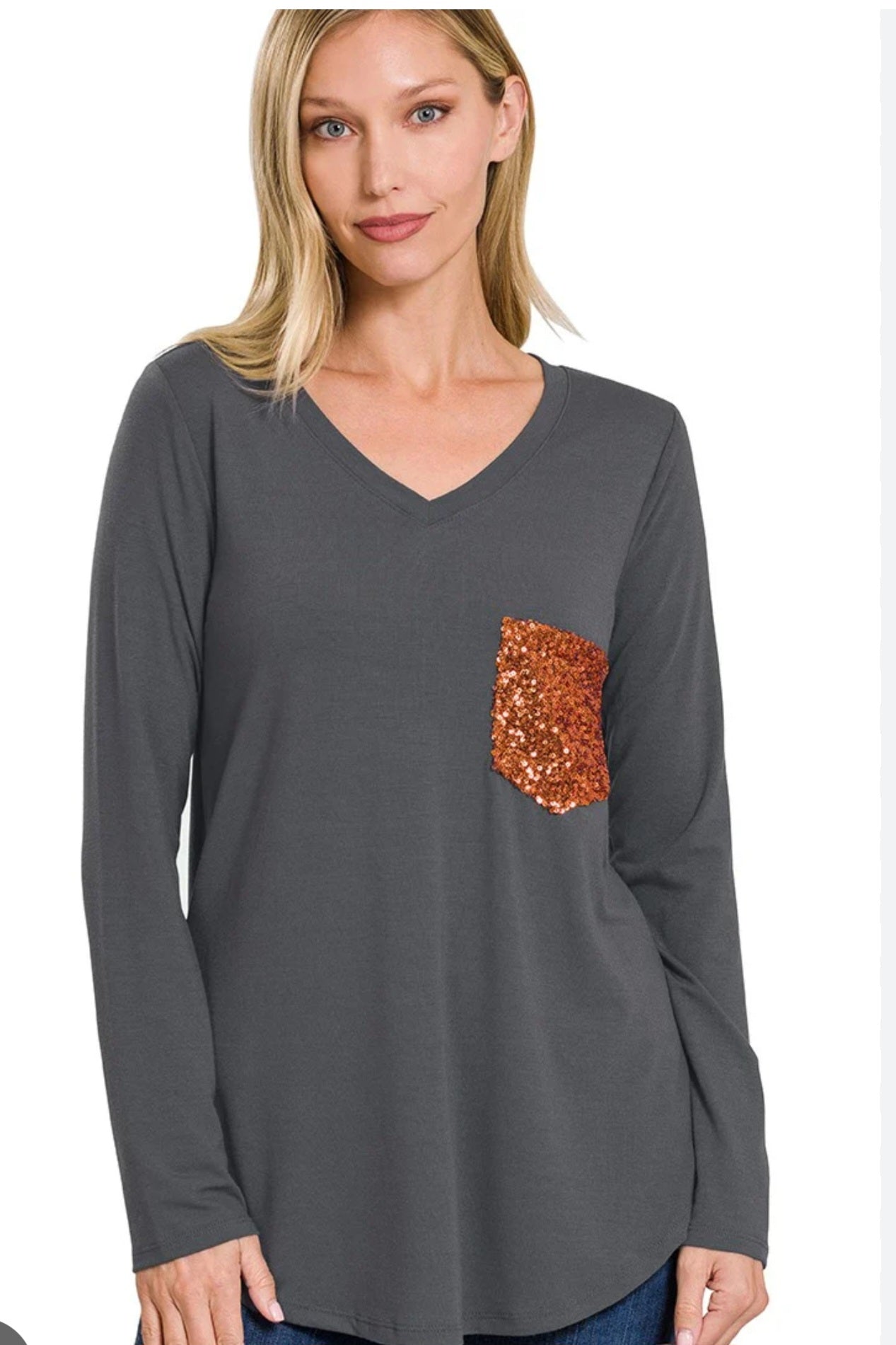 Gray Zenana Top with Sequin Pocket