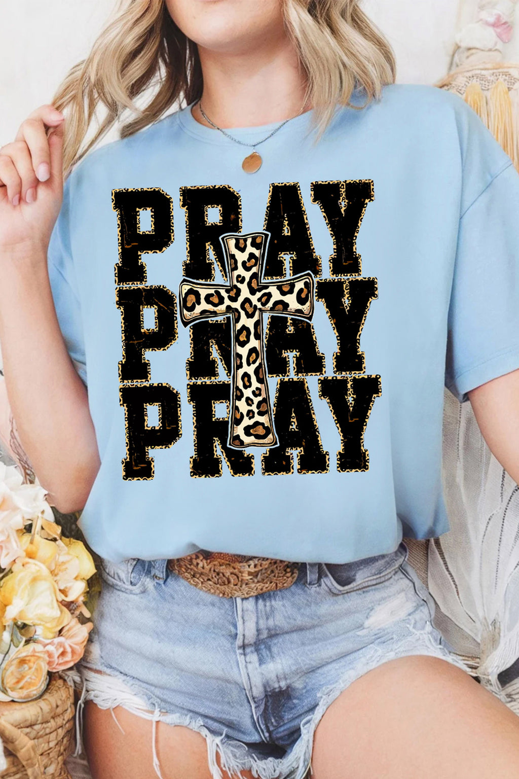 Light Blue PRAY Leopard Cross Graphic Loose Round Neck T Shirt