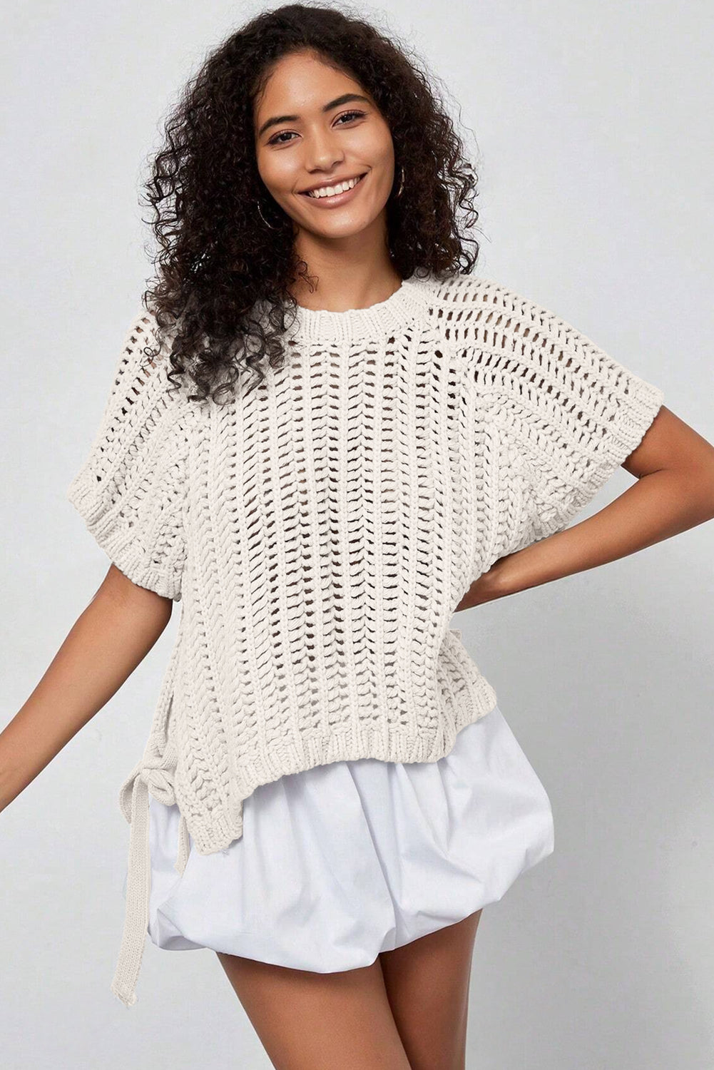 Apricot Plus Size Open Knit Bow Tie Short Sleeve Sweater