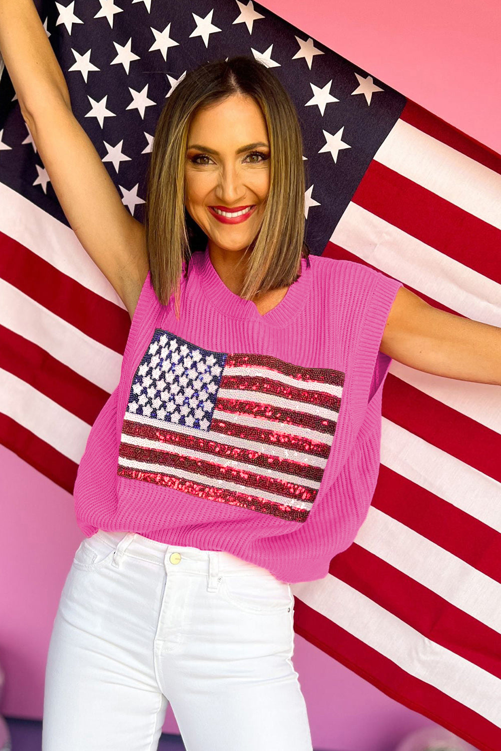 Bonbon Sequins American Flag Loose Knit Tee