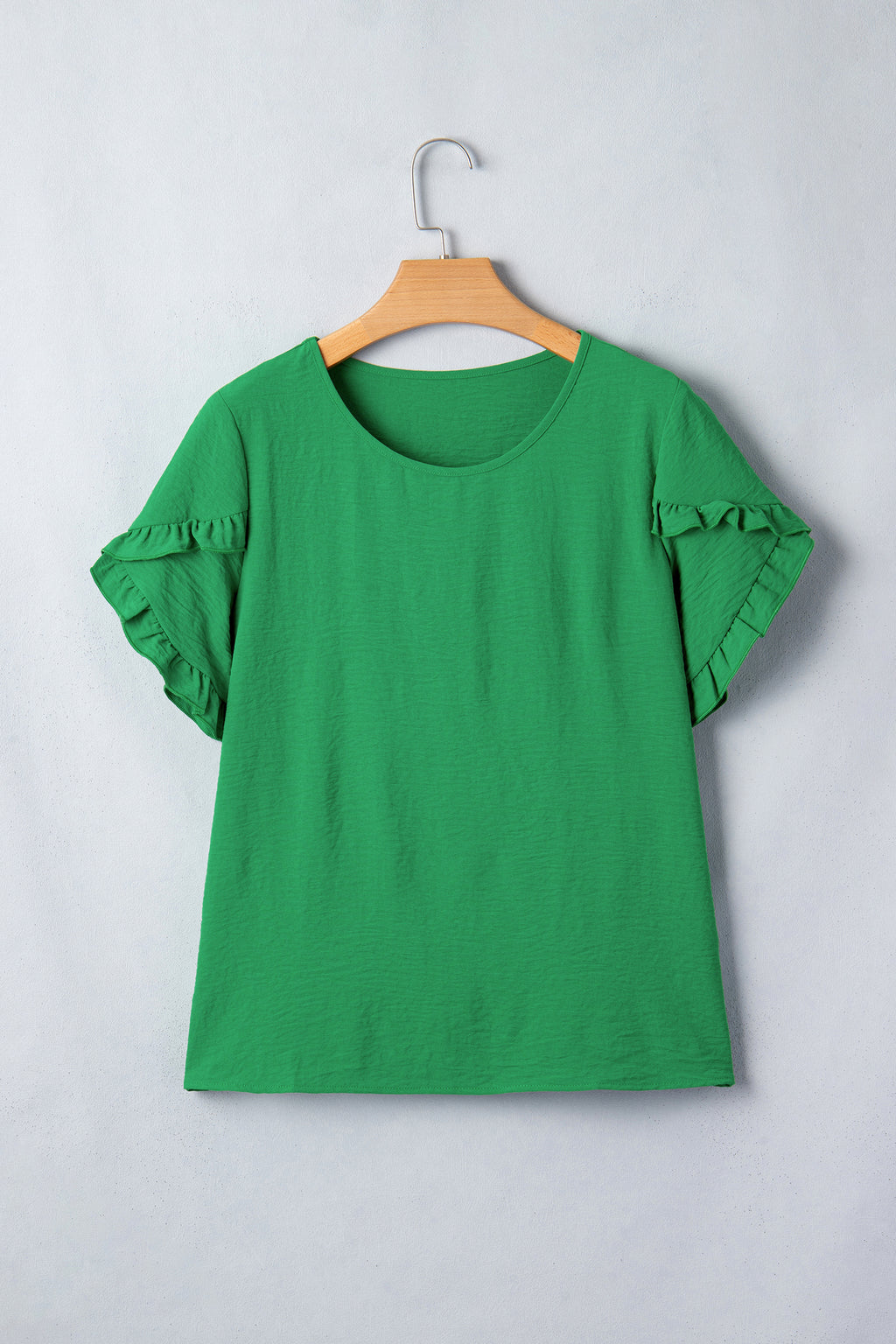 Sea Green Solid Color Ruffle Trim Short Sleeve Blouse