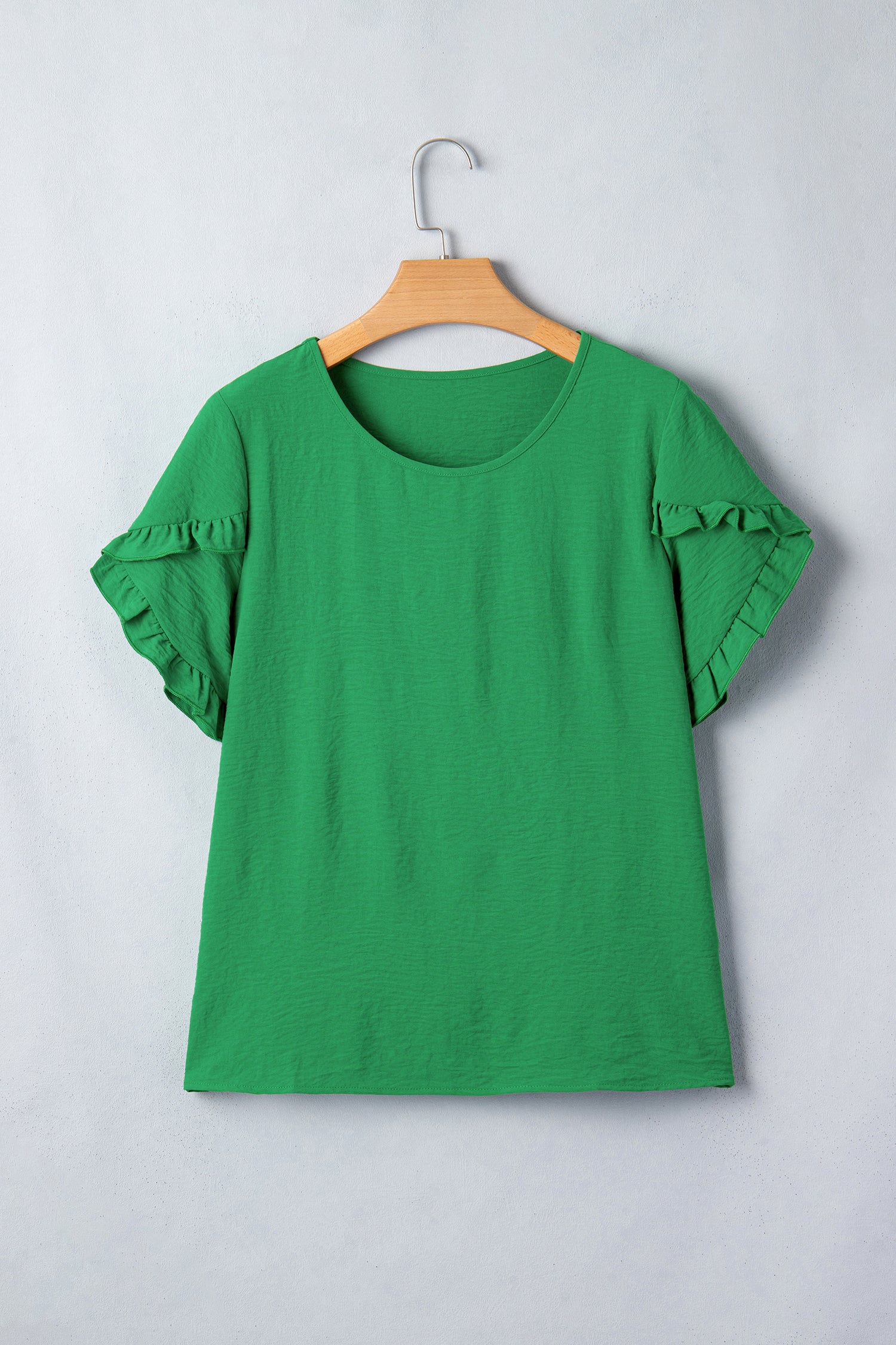 Sea Green Solid Color Ruffle Trim Short Sleeve Blouse