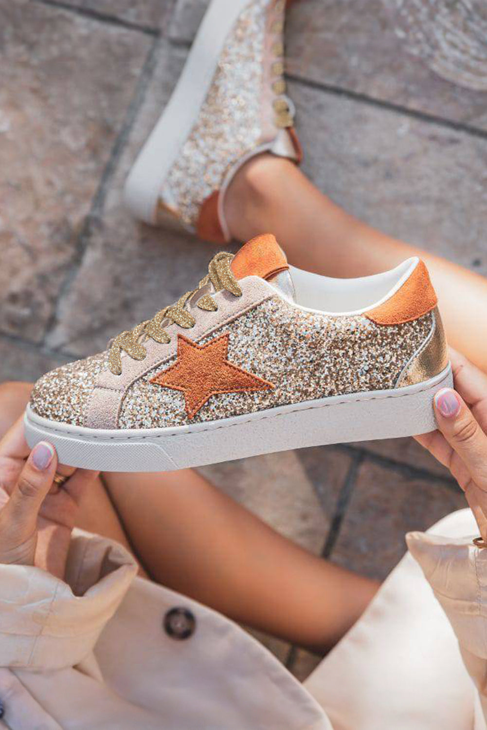 Gold Glitter Star Lace Up Sneakers