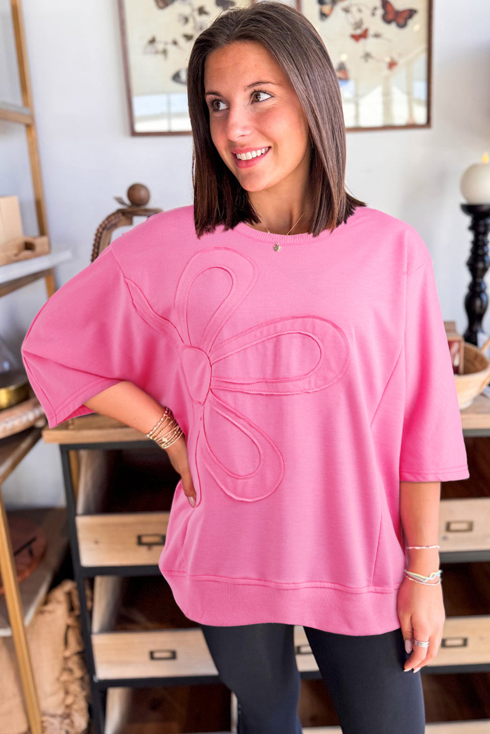 Sachet Pink Solid Color Floral Patched Half Sleeve Tunic Top