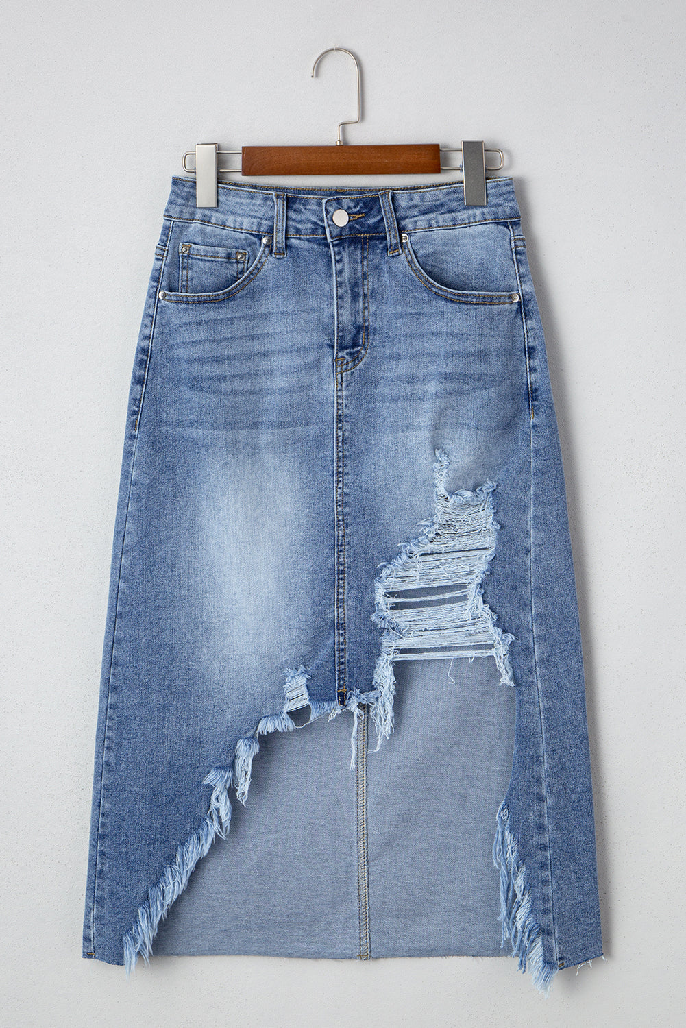 Myosotis Irregular Distressed Hem Denim Midi Skirt