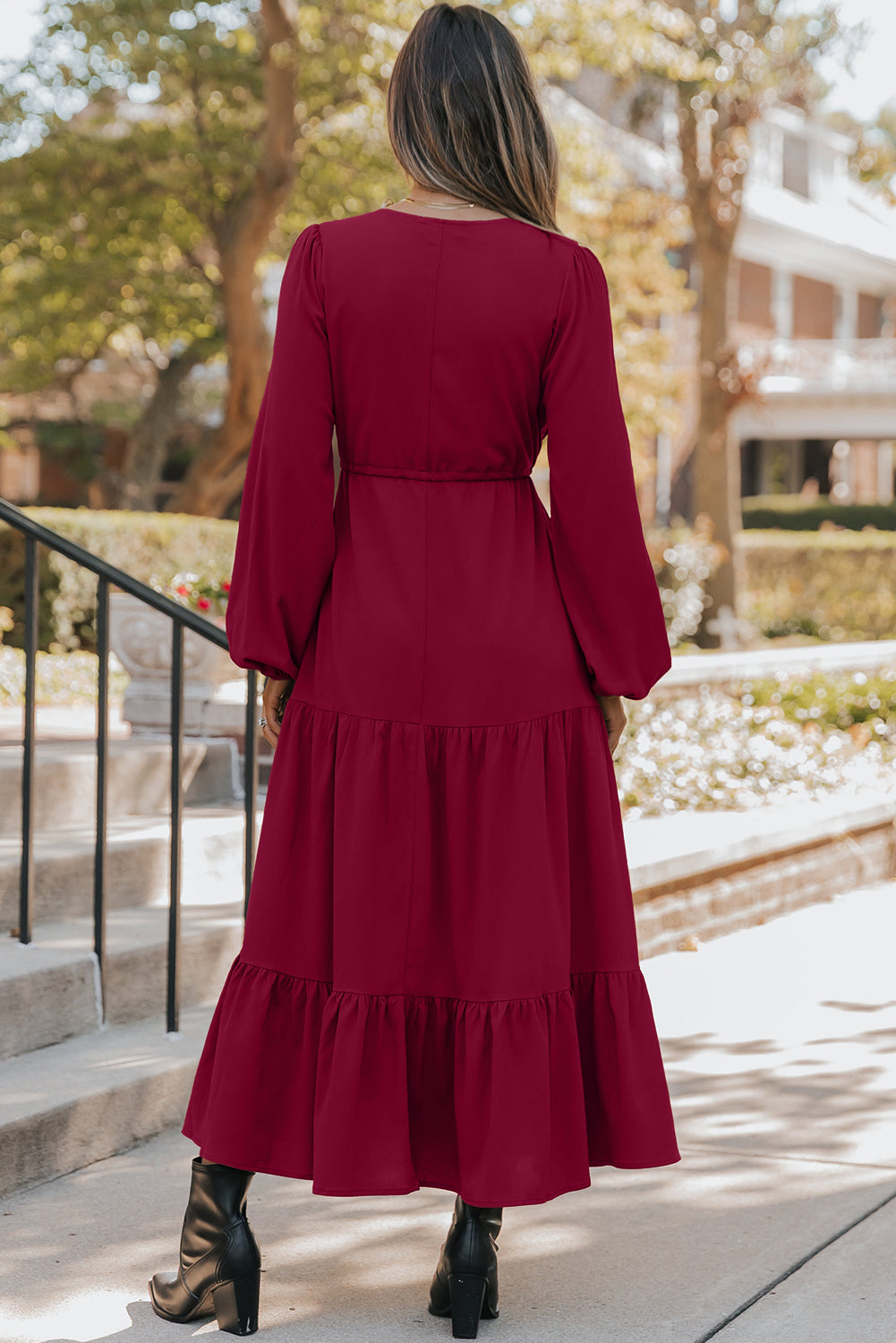 Burgundy Solid Long Sleeve Button V Neck Tiered Maxi Dress