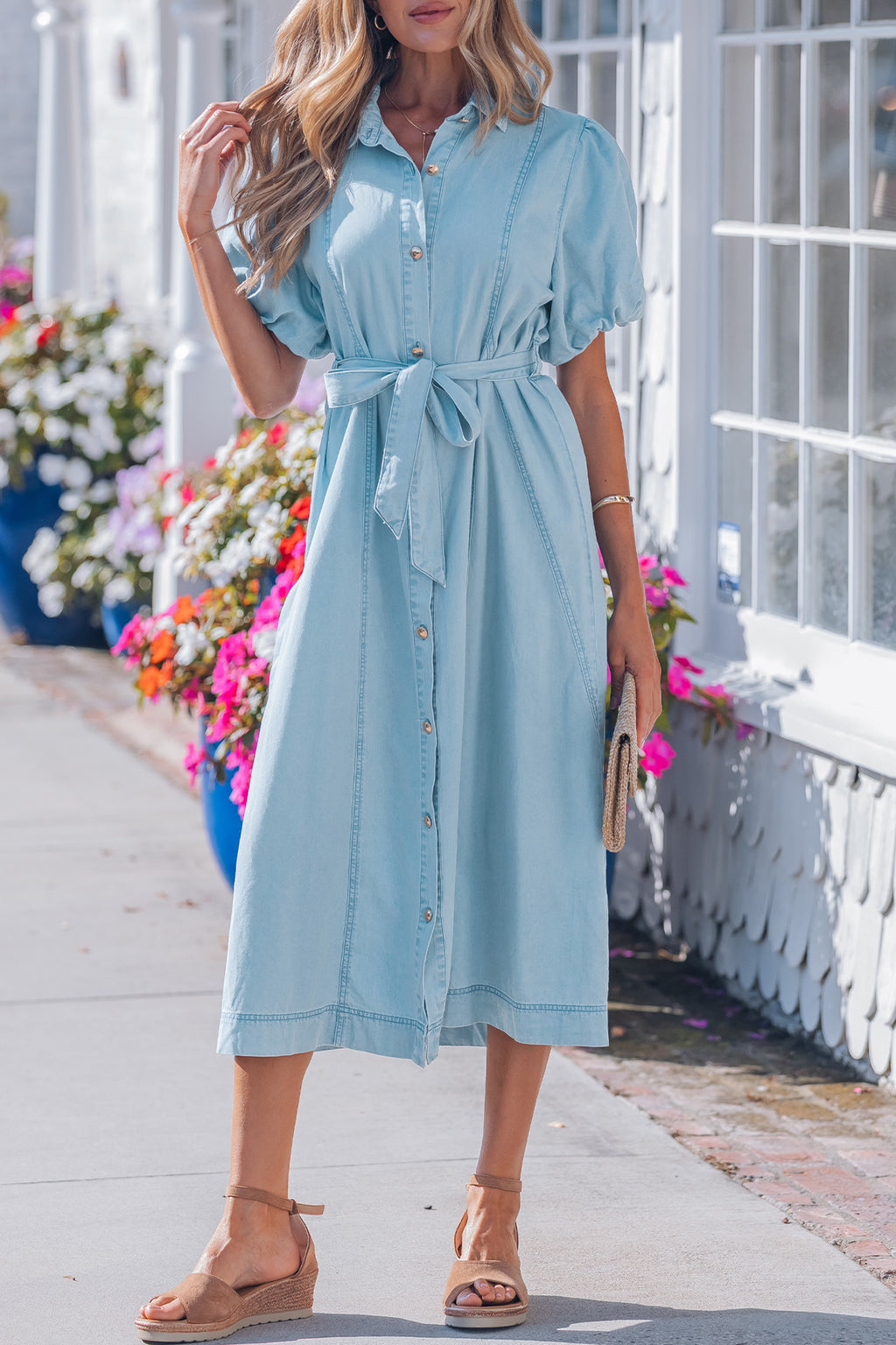 Sail Blue Full Buttons Collared Short Bubble Sleeve Long Denim Dress