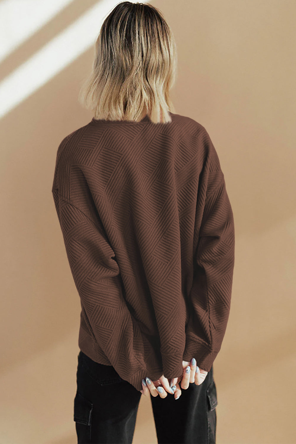 Jungle Green Solid Color Textured Round Neck Drop Shoulder Pullover Sweatshirt