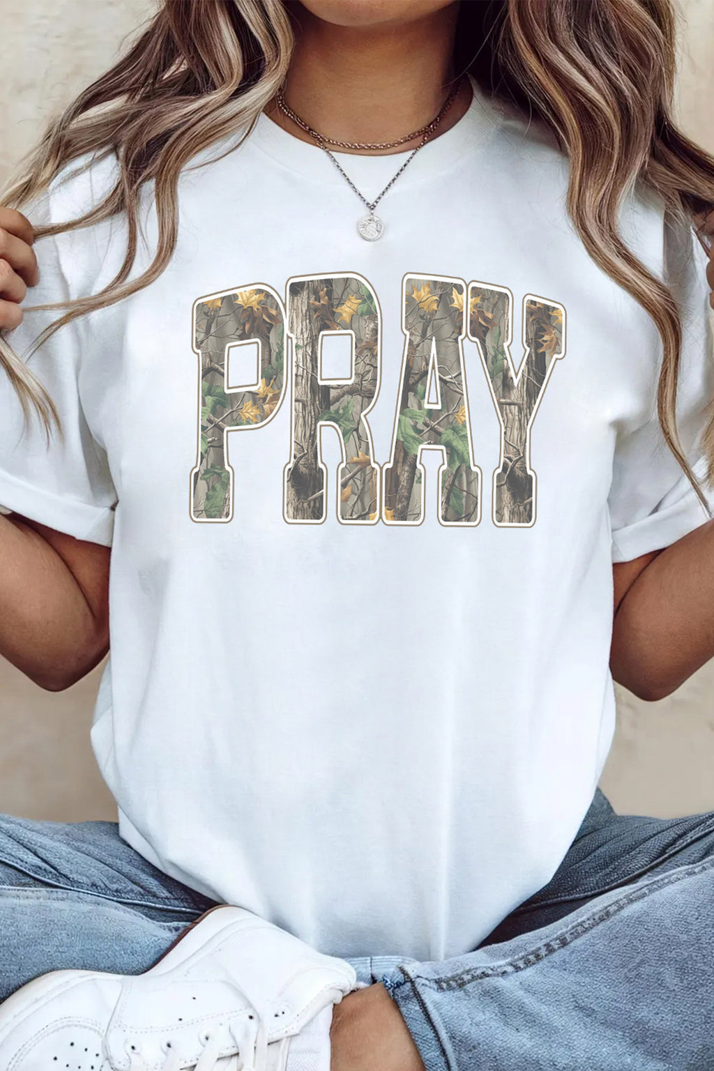 White PRAY Camo Letter Print Casual Round Neck T Shirt