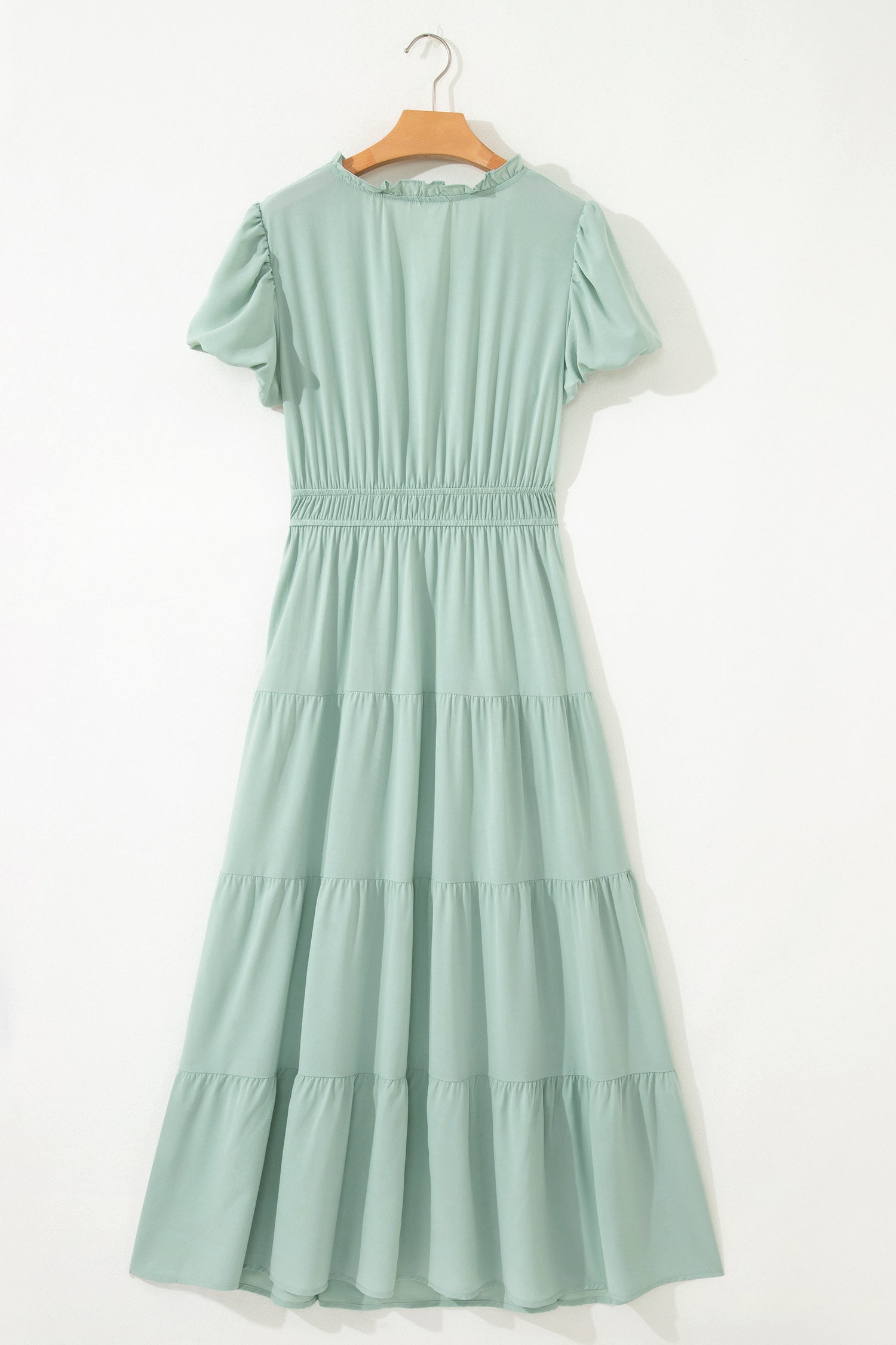 Coral Solid Color V Neck Short Puff Sleeve High Waist Tiered Maxi Dress