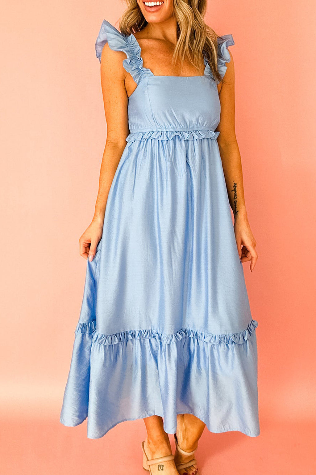 Bonbon Solid Color Ruffle Trim High Waist Sleeveless Maxi Dress