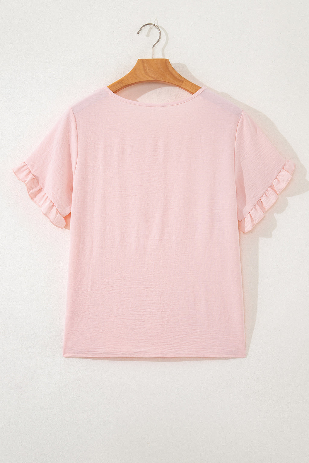 Light Pink Solid Color Ruffle Trim Short Sleeve Blouse