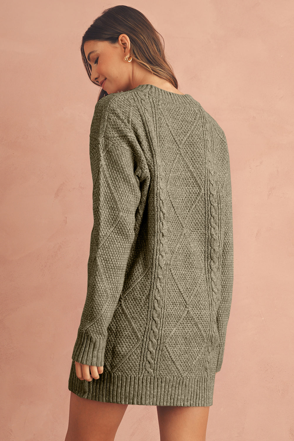 Burgundy Cable Knit Drop Shoulder Loose Fit Sweater Dress