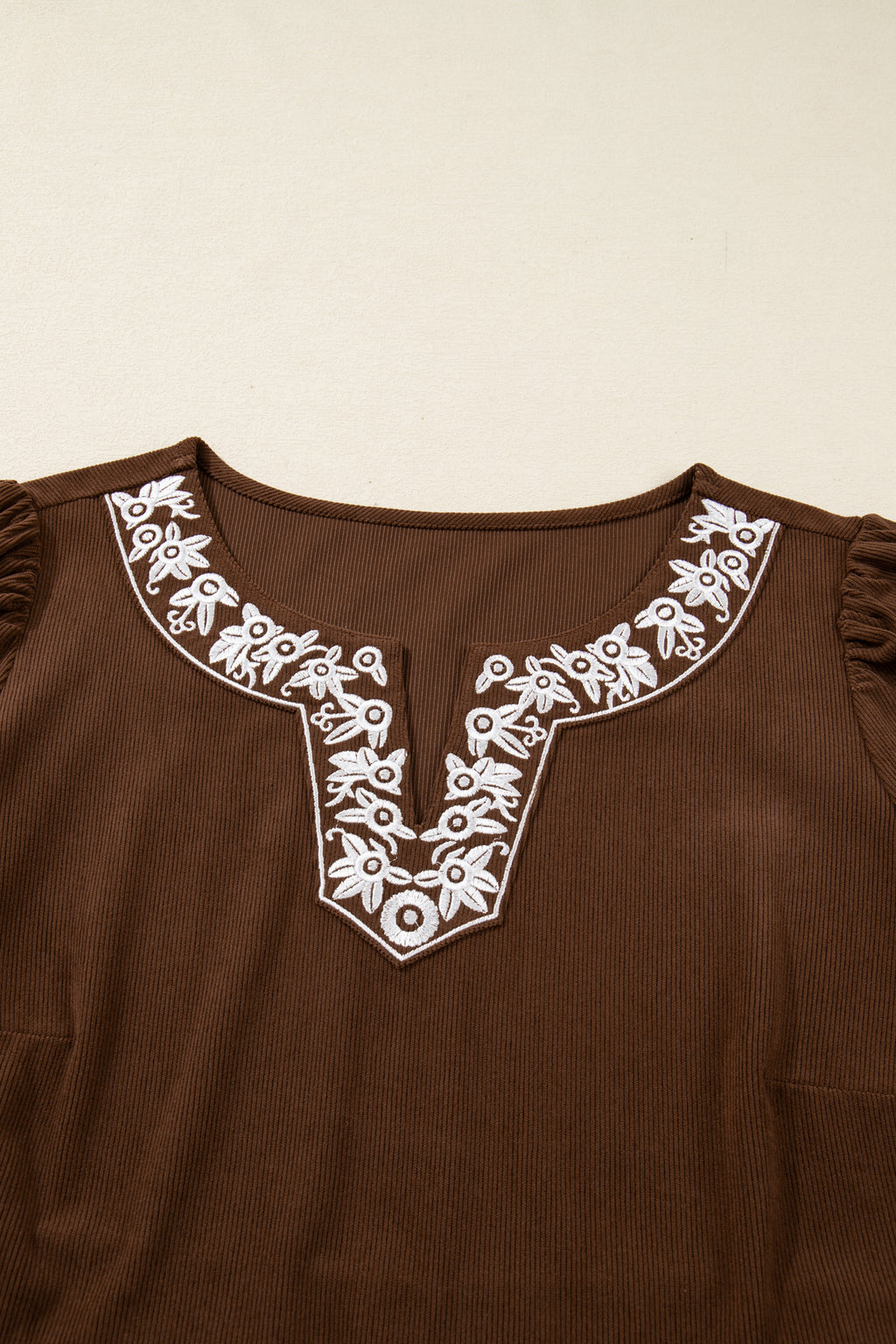 Coffee Embroidered Notched Neckline Textured Pleated High Waist Plus Size Midi Dress