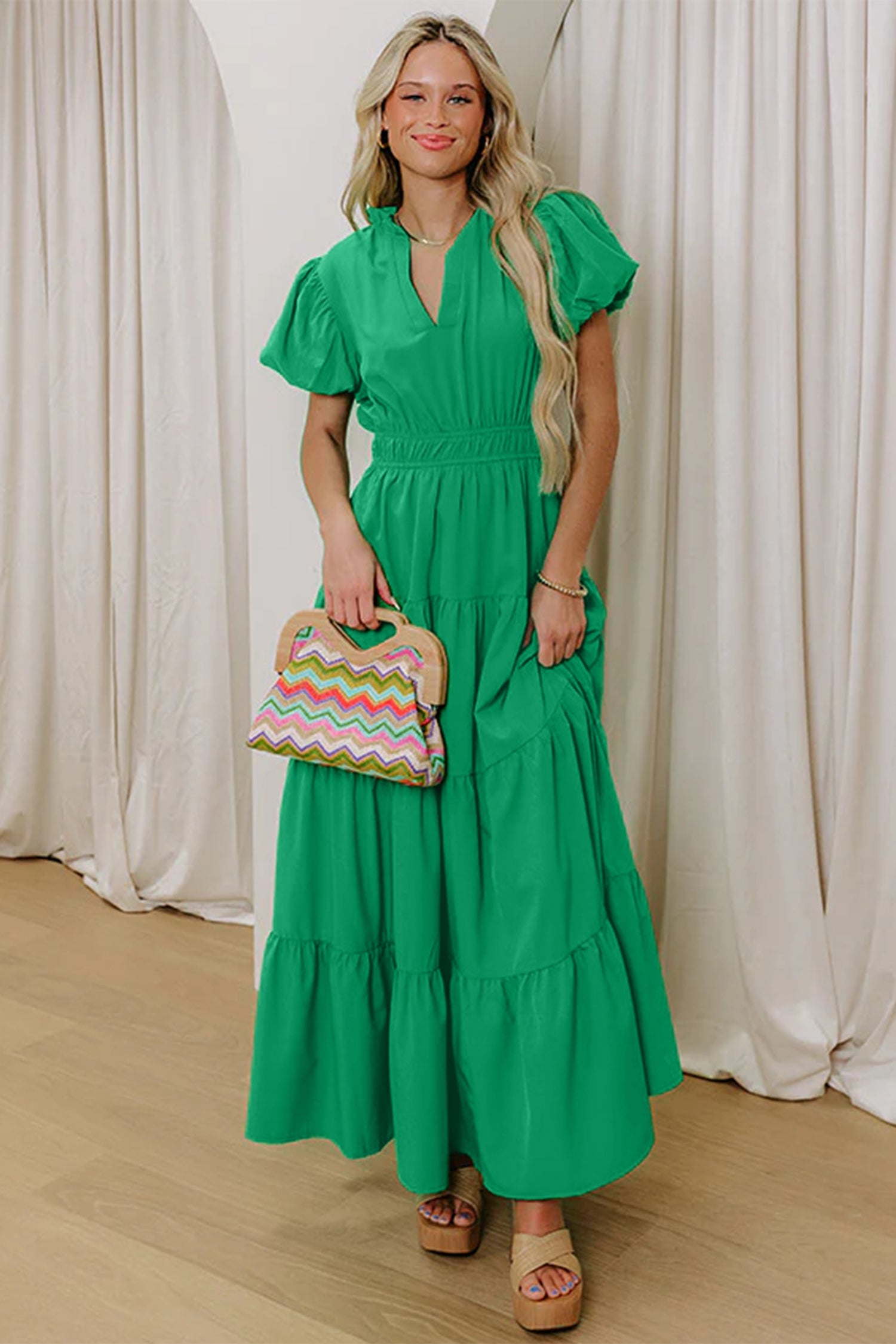 Coral Solid Color V Neck Short Puff Sleeve High Waist Tiered Maxi Dress