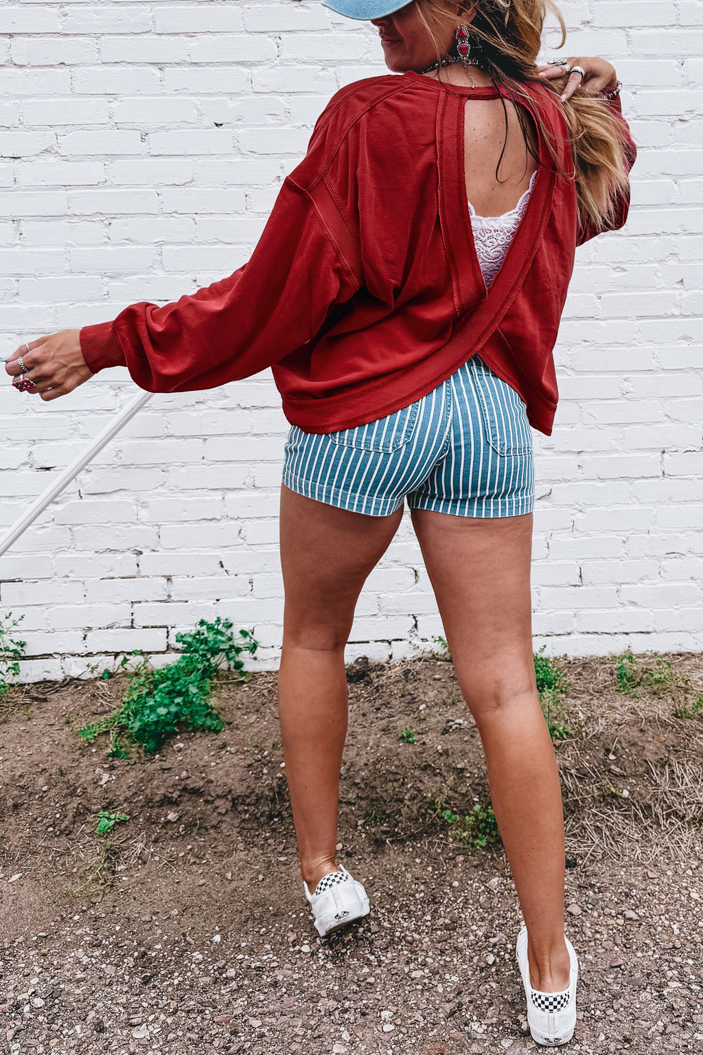 Racing Red Ribbed Detail Drop Shoulder Cutout Back Sweatshirt
