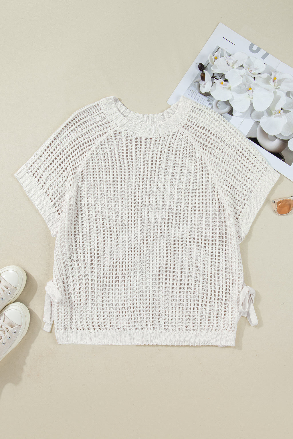 Apricot Plus Size Open Knit Bow Tie Short Sleeve Sweater