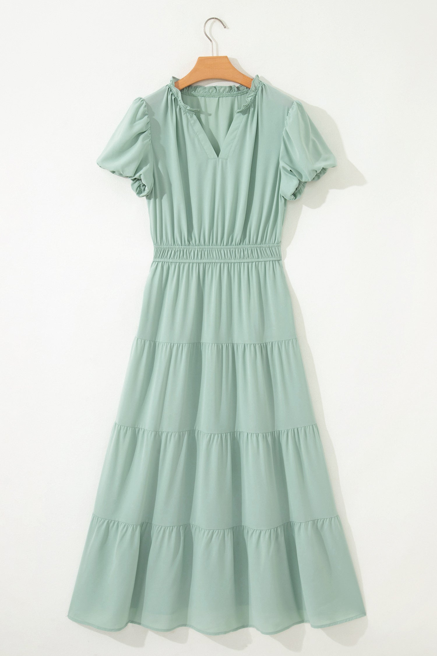 Coral Solid Color V Neck Short Puff Sleeve High Waist Tiered Maxi Dress