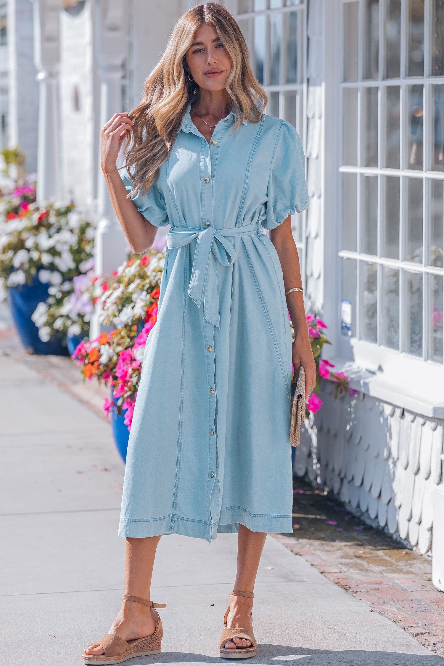 Sail Blue Full Buttons Collared Short Bubble Sleeve Long Denim Dress