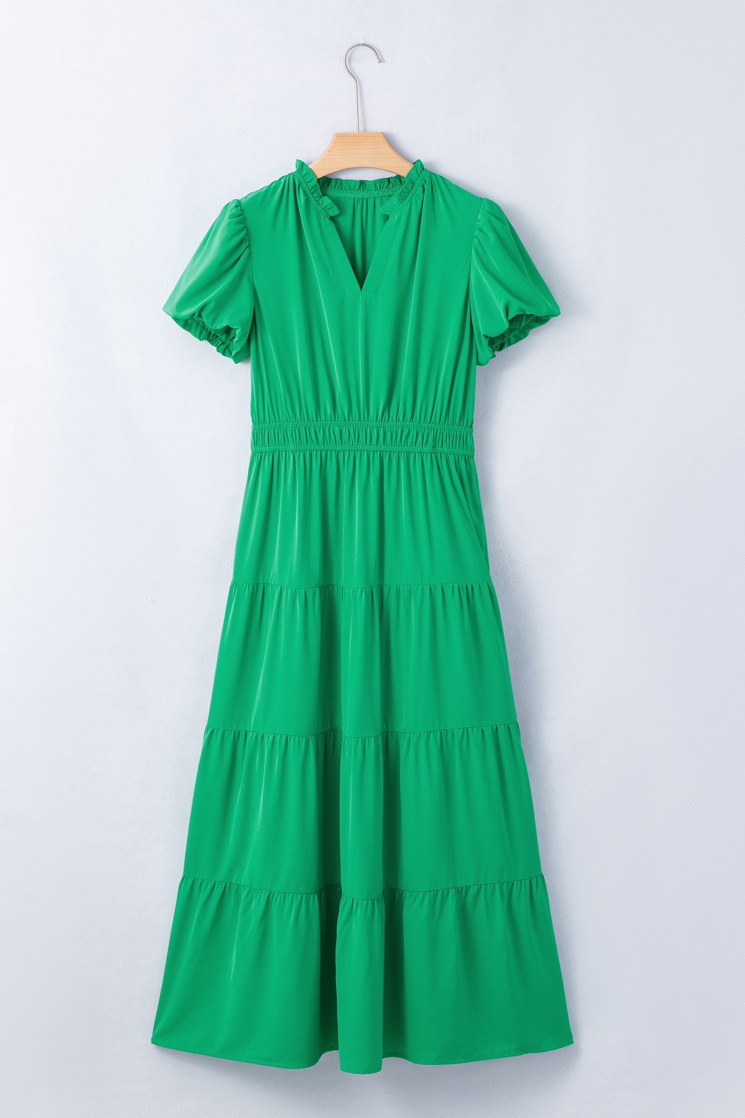 Coral Solid Color V Neck Short Puff Sleeve High Waist Tiered Maxi Dress