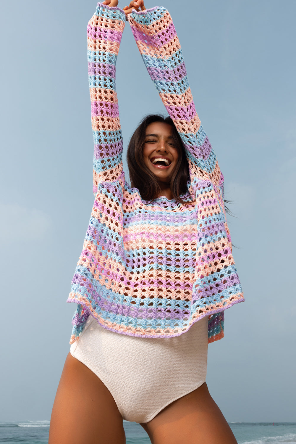 Purple Striped Hollow Knit Summer Beach Cover Up