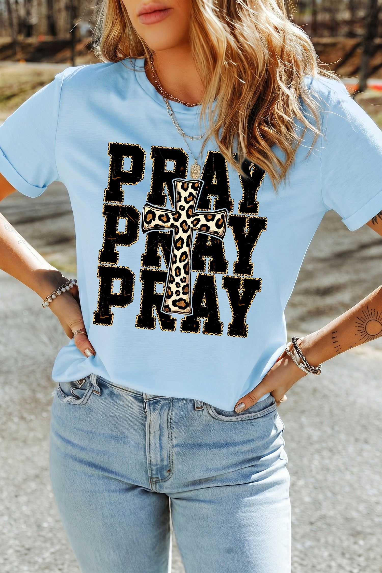 Light Blue PRAY Leopard Cross Graphic Loose Round Neck T Shirt