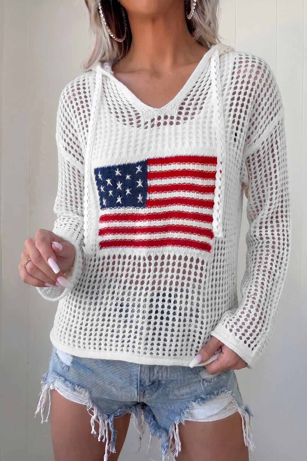 White Hollow Out Crochet Knit American Flag Patched Sweater Hoodie