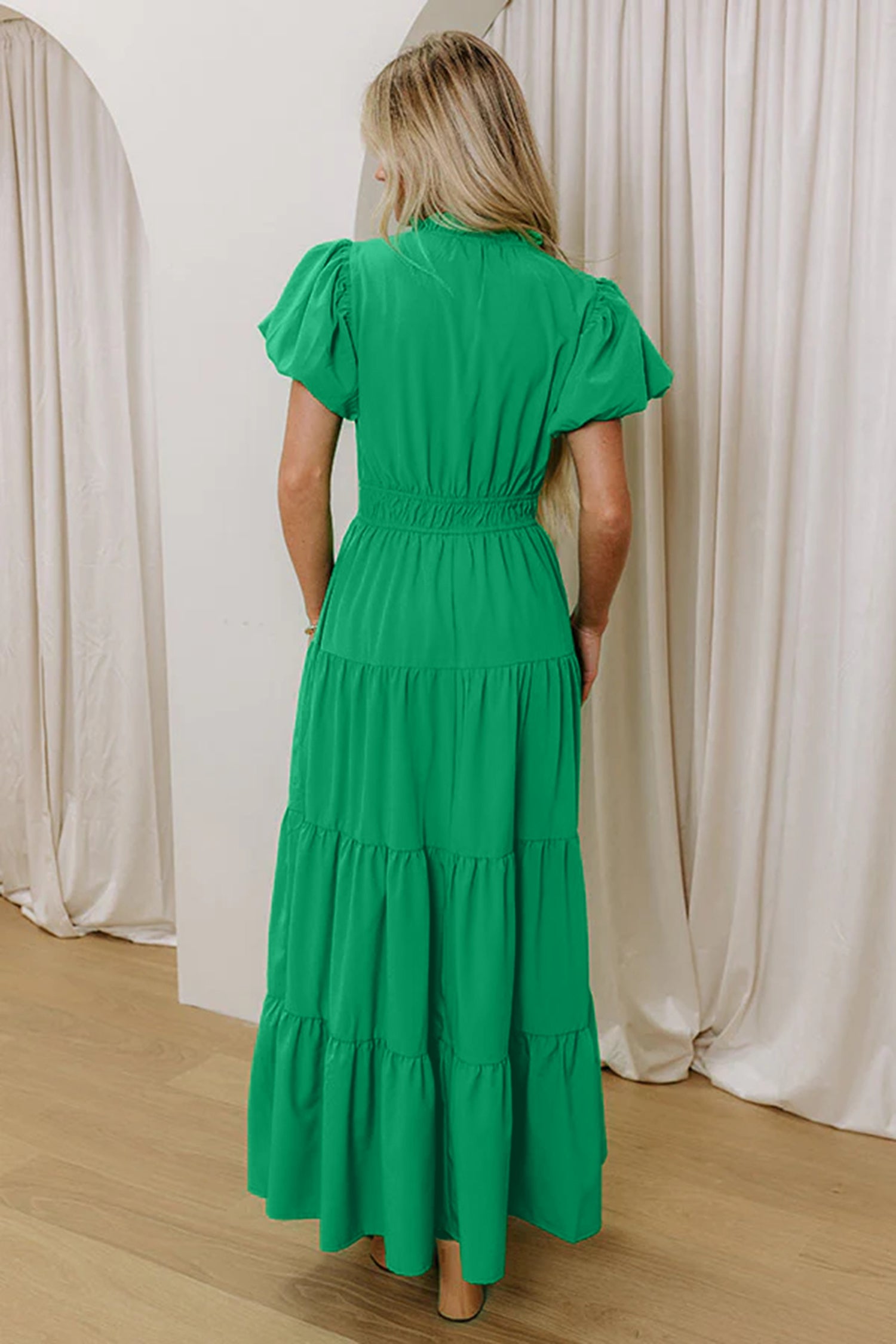 Coral Solid Color V Neck Short Puff Sleeve High Waist Tiered Maxi Dress