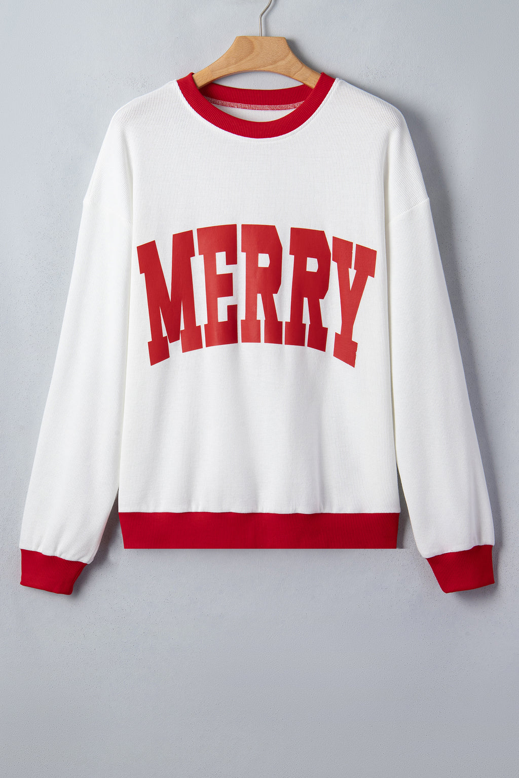Beige Color Block Trim Merry Slogan Pullover Sweatshirt