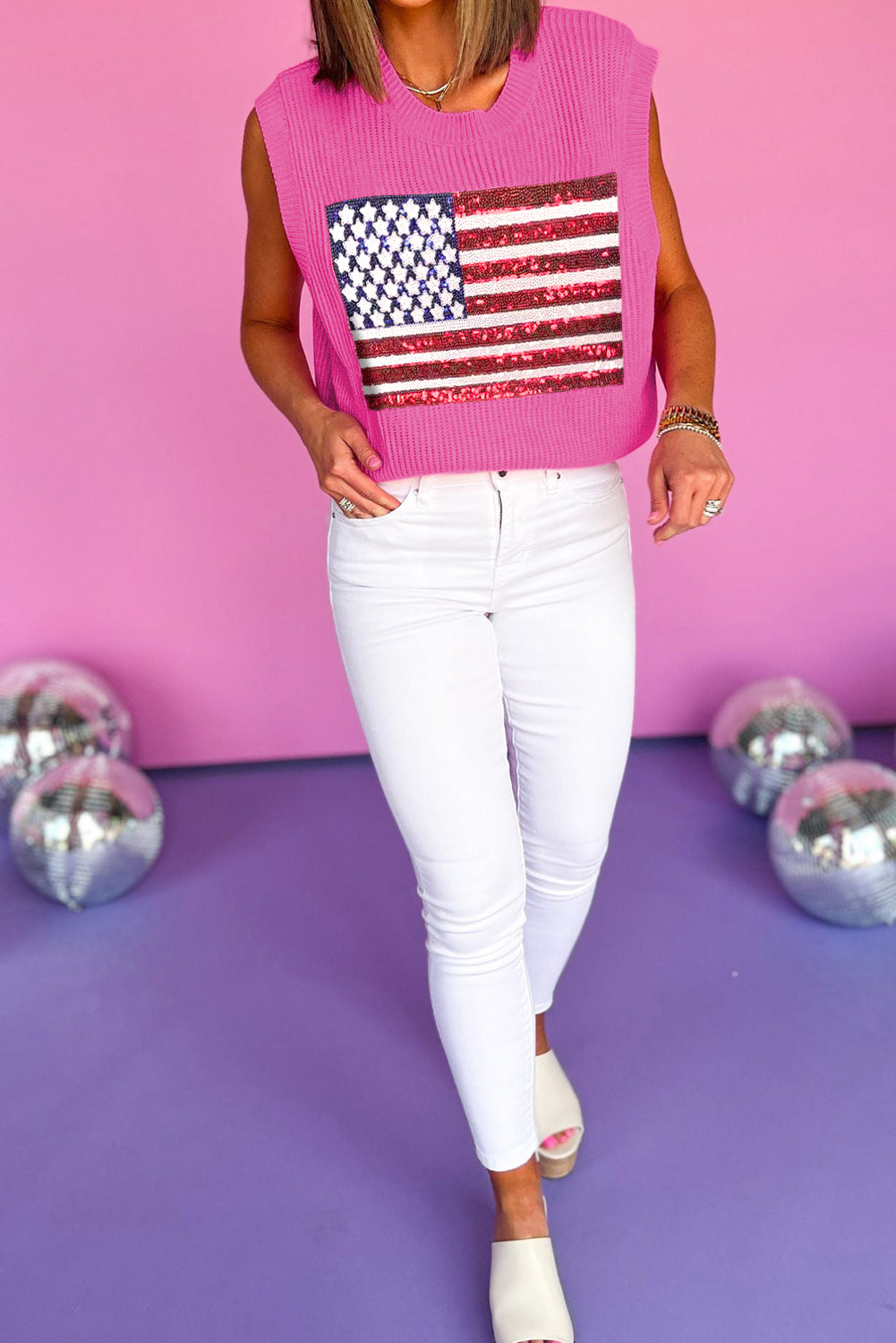 Bonbon Sequins American Flag Loose Knit Tee