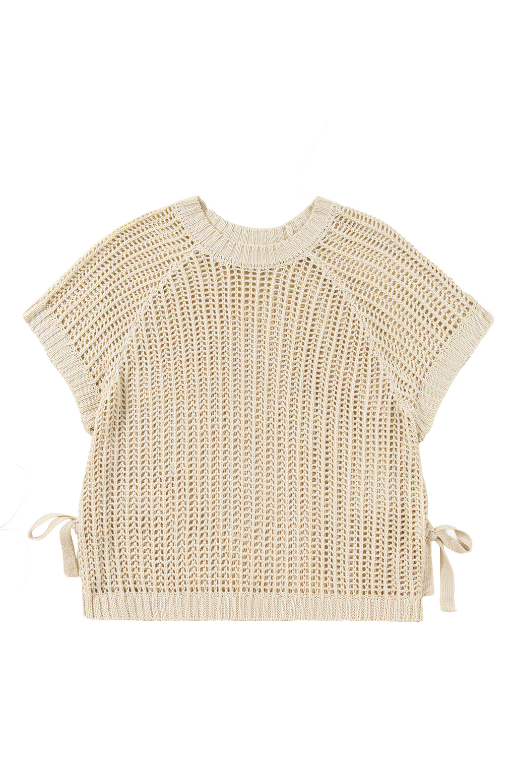 Apricot Plus Size Open Knit Bow Tie Short Sleeve Sweater