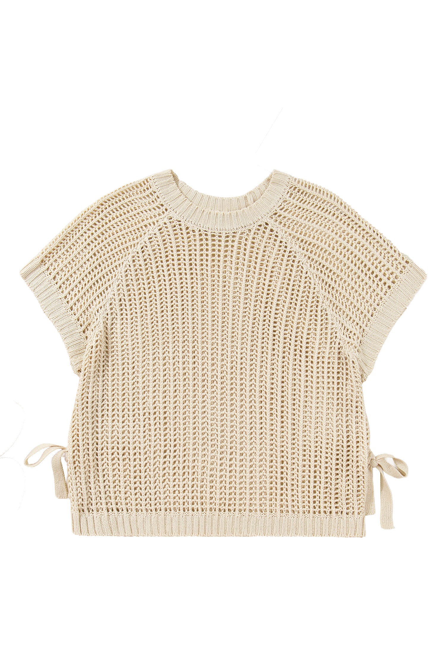 Apricot Plus Size Open Knit Bow Tie Short Sleeve Sweater