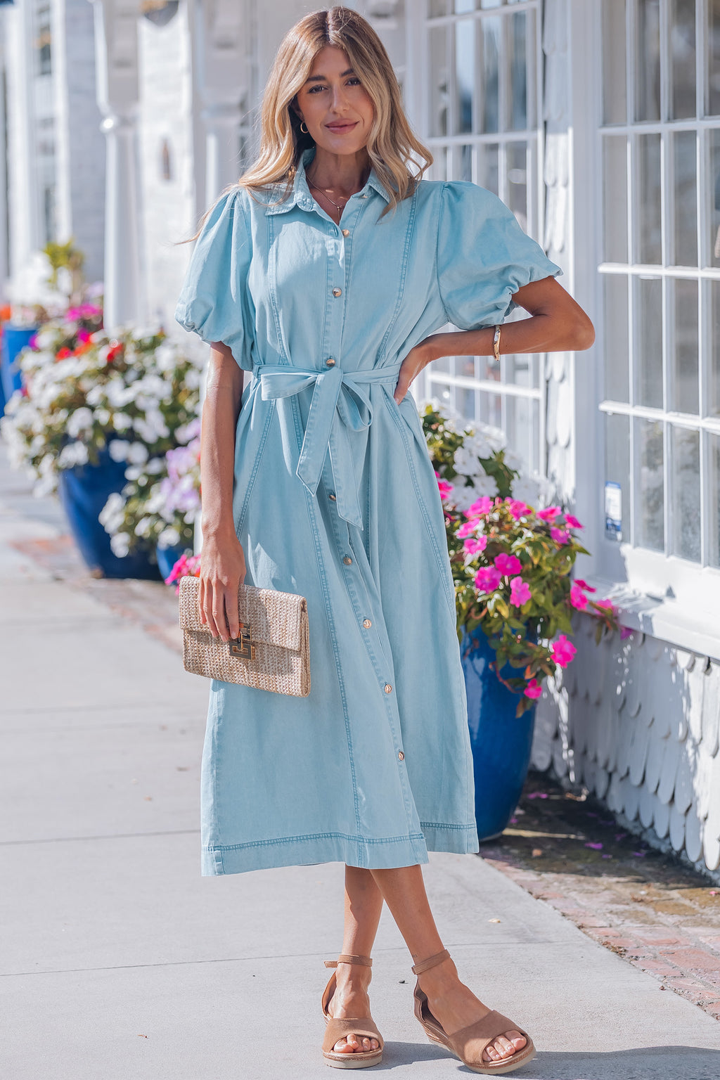 Sail Blue Full Buttons Collared Short Bubble Sleeve Long Denim Dress