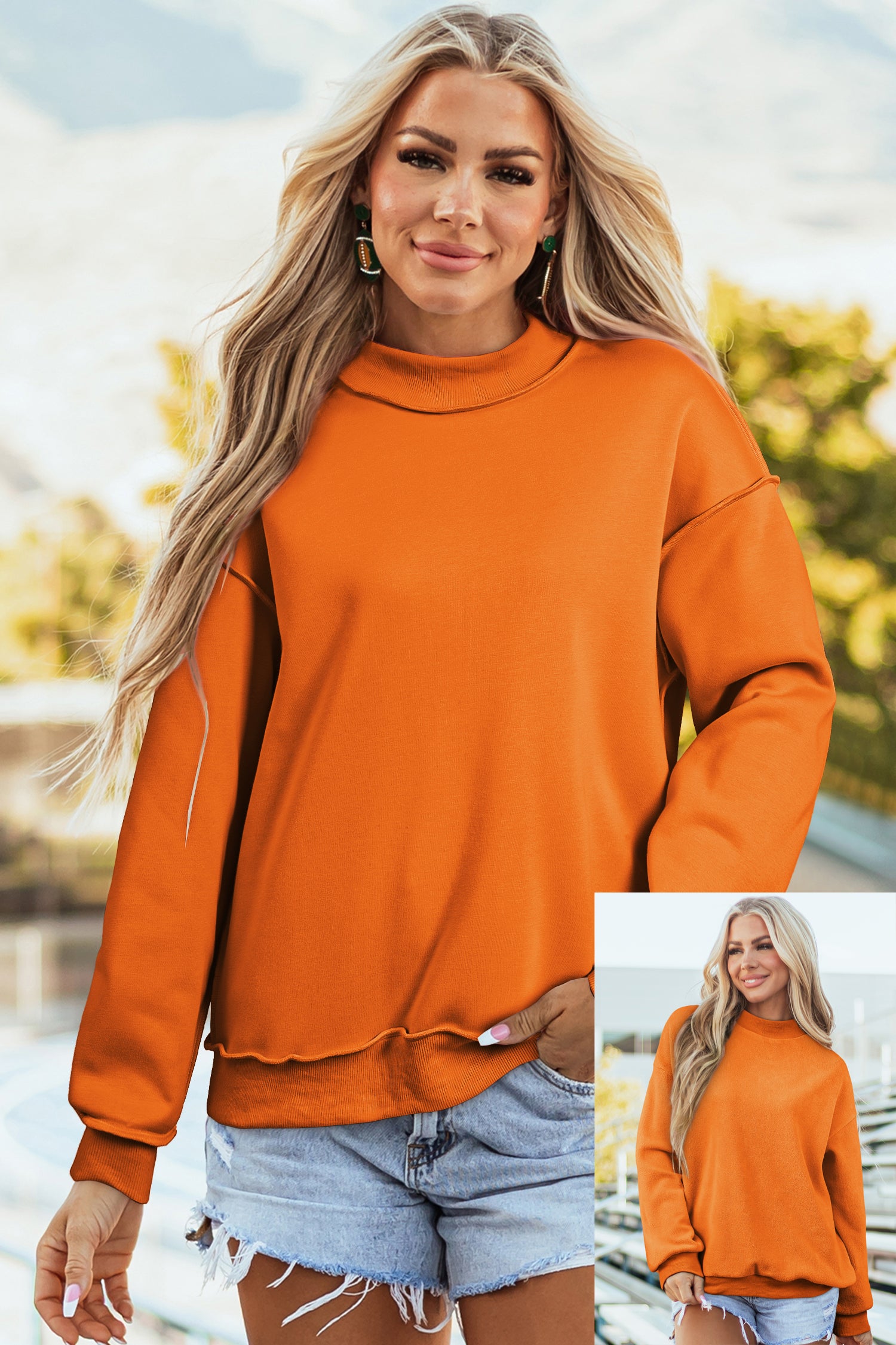 Carrot Oversize Drop Shoulder Reversible Mock Neck Sweatshirt