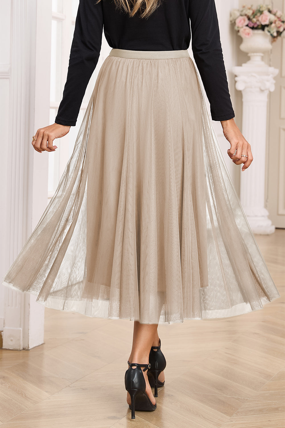 Apricot Tulle Mesh Overlay Flared Midi Skirt – Lala's