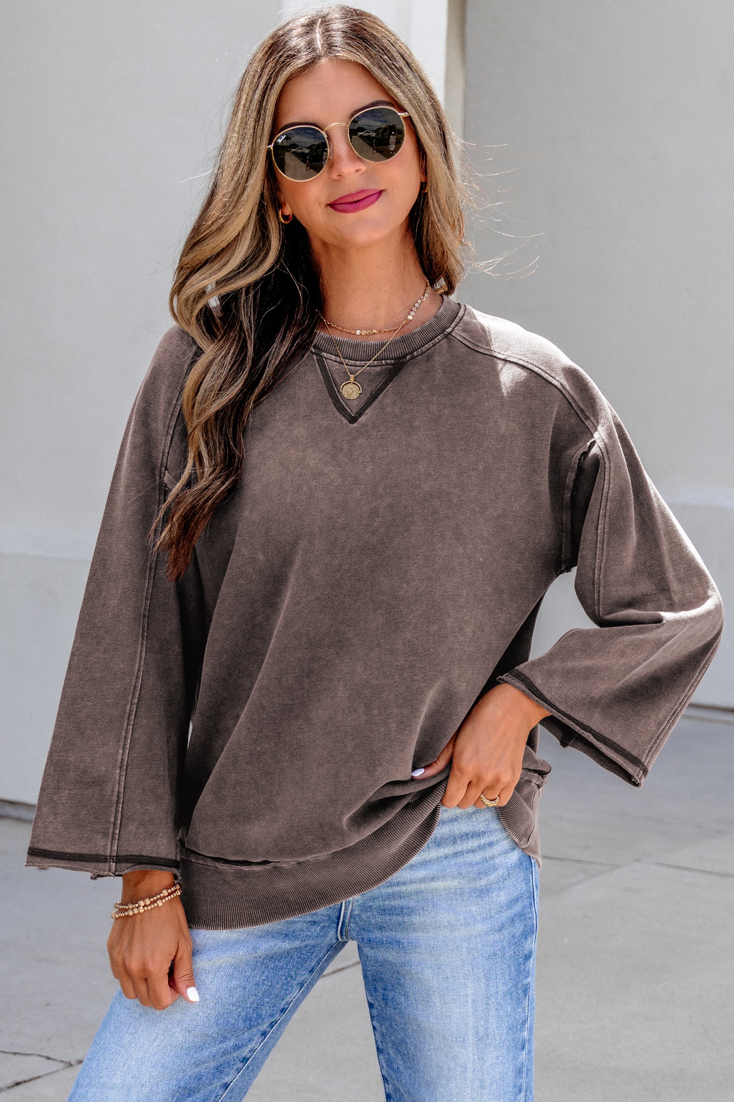 Dark Brown 3/4 Sleeve Mineral Wash Loose Cotton Top