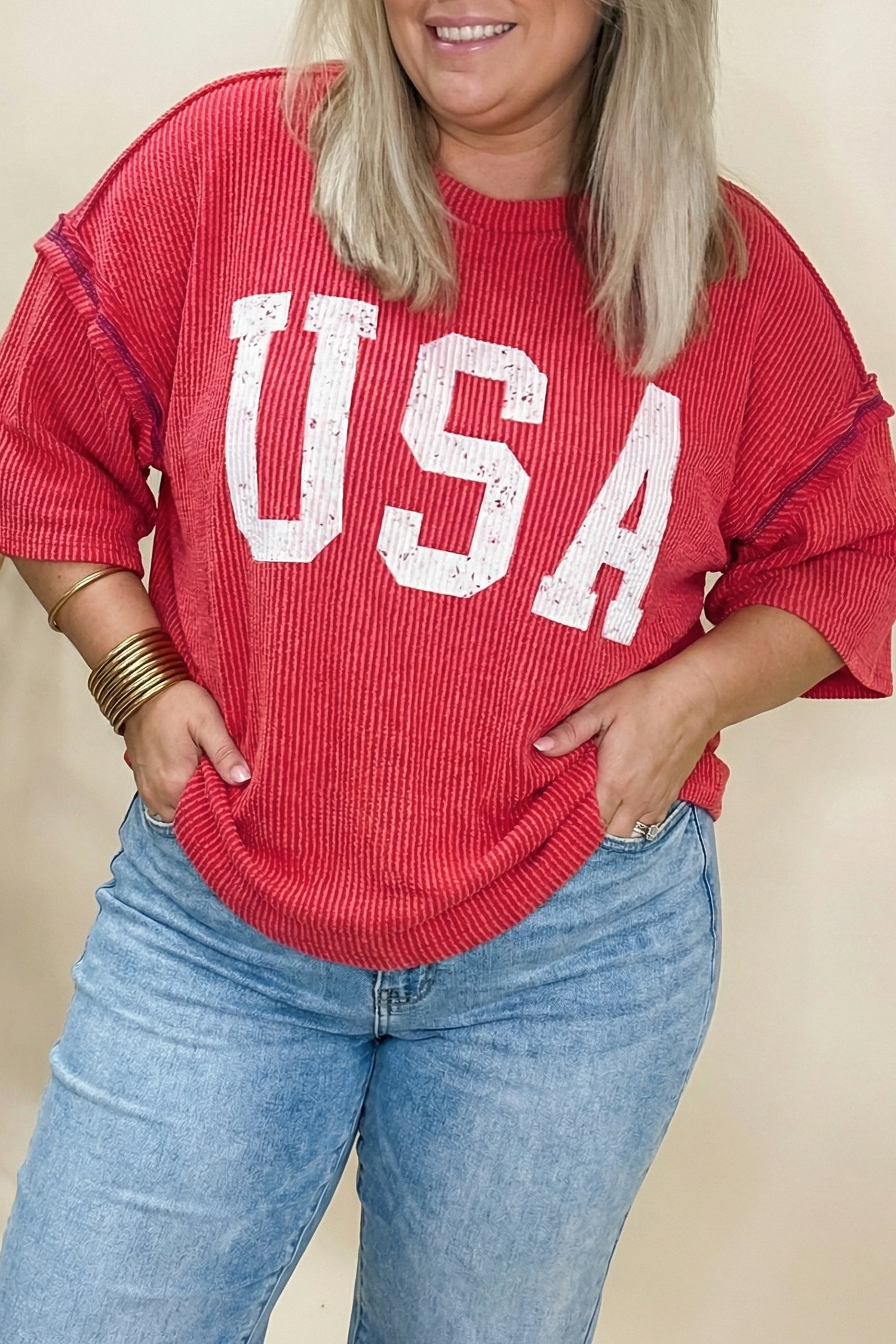 Fiery Red Plus Size Twisted Rib Vintage USA Letter Printed T Shirt