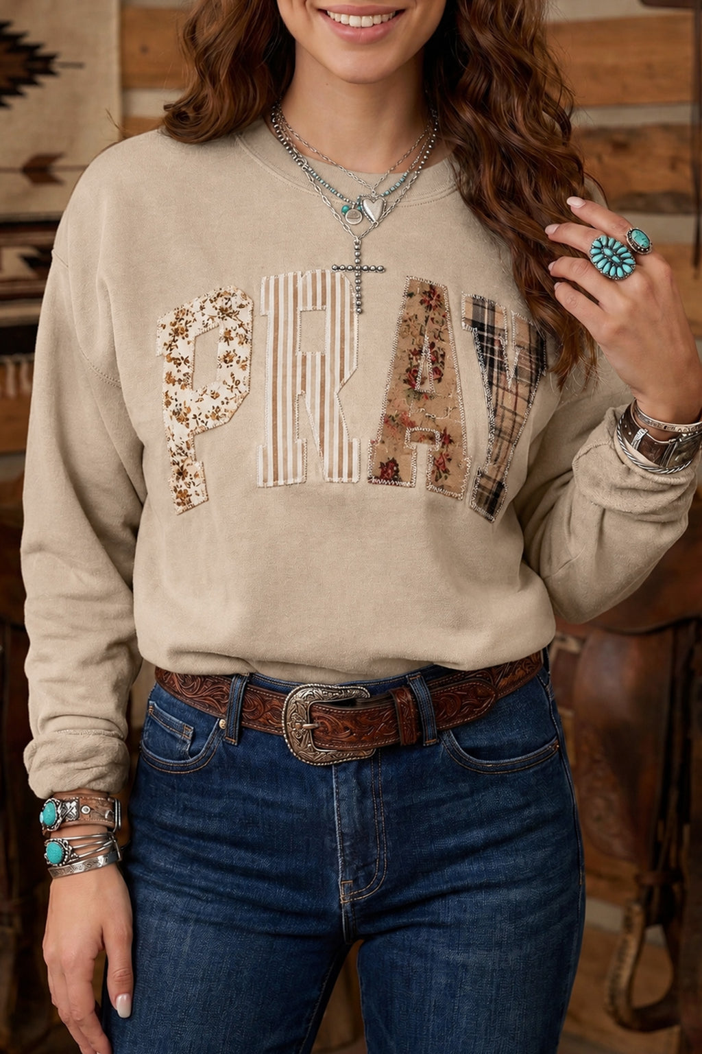 Coffee Floral Buffalo Plaid Striped Embroidered Patch Western Pullover Sweatshirt