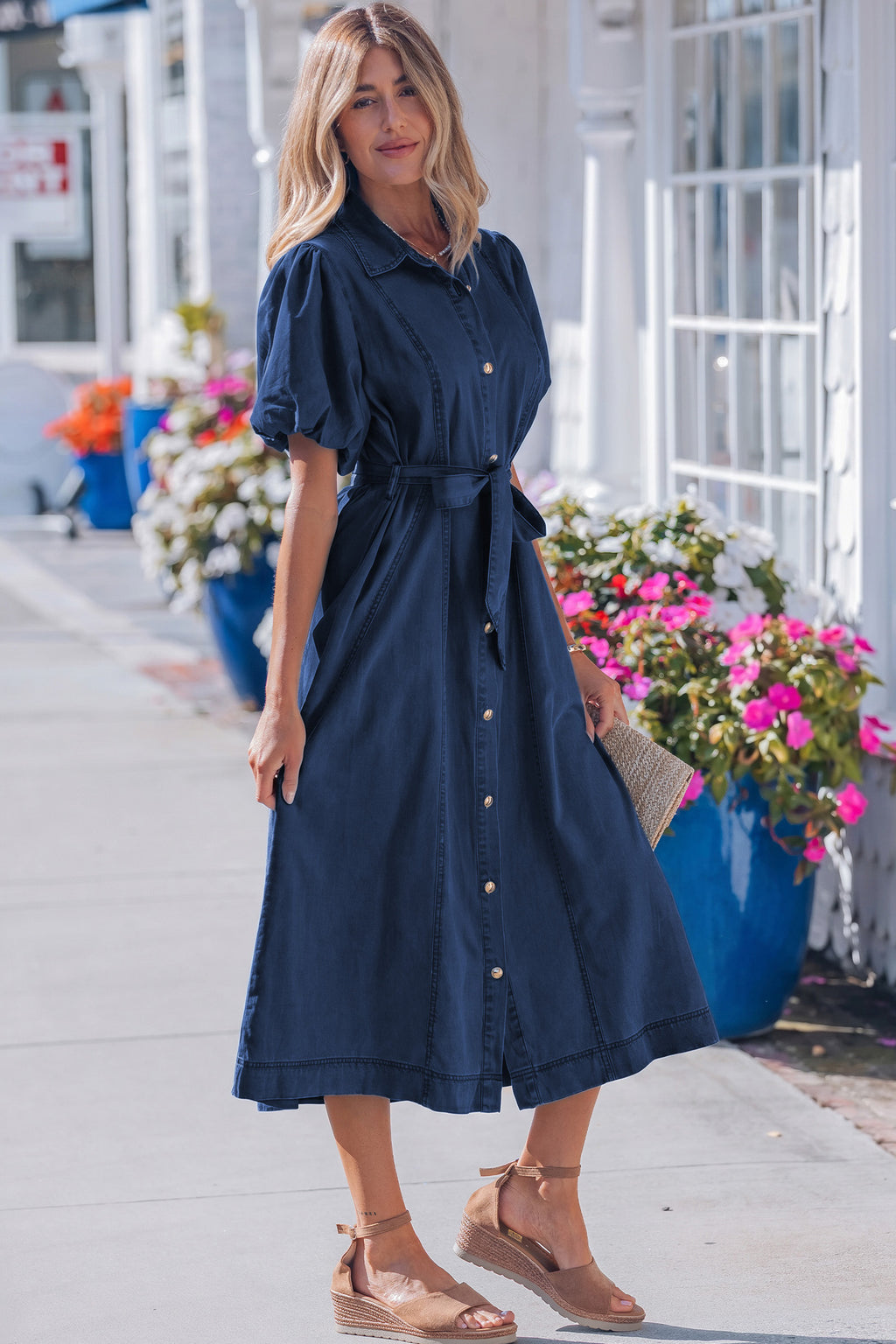 Sail Blue Full Buttons Collared Short Bubble Sleeve Long Denim Dress