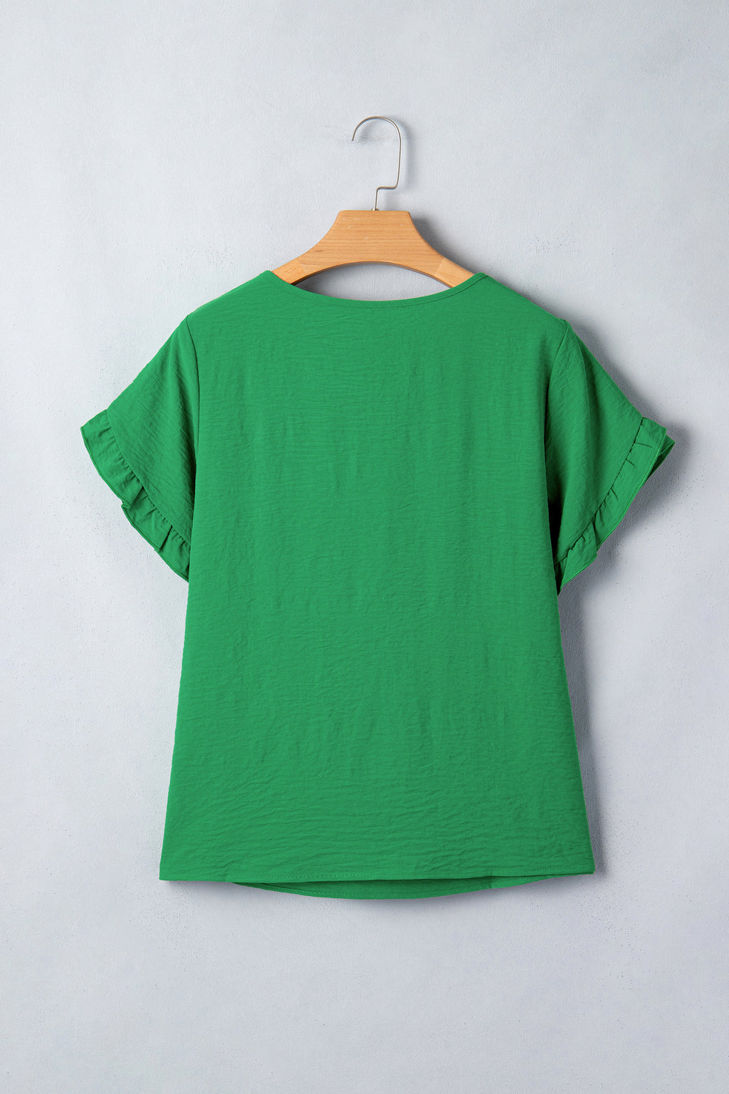 Sea Green Solid Color Ruffle Trim Short Sleeve Blouse