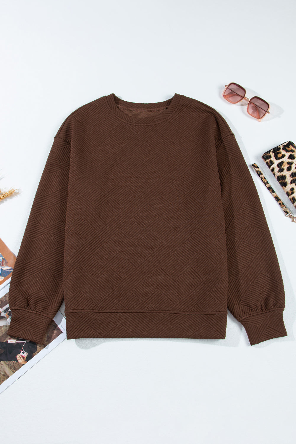 Jungle Green Solid Color Textured Round Neck Drop Shoulder Pullover Sweatshirt