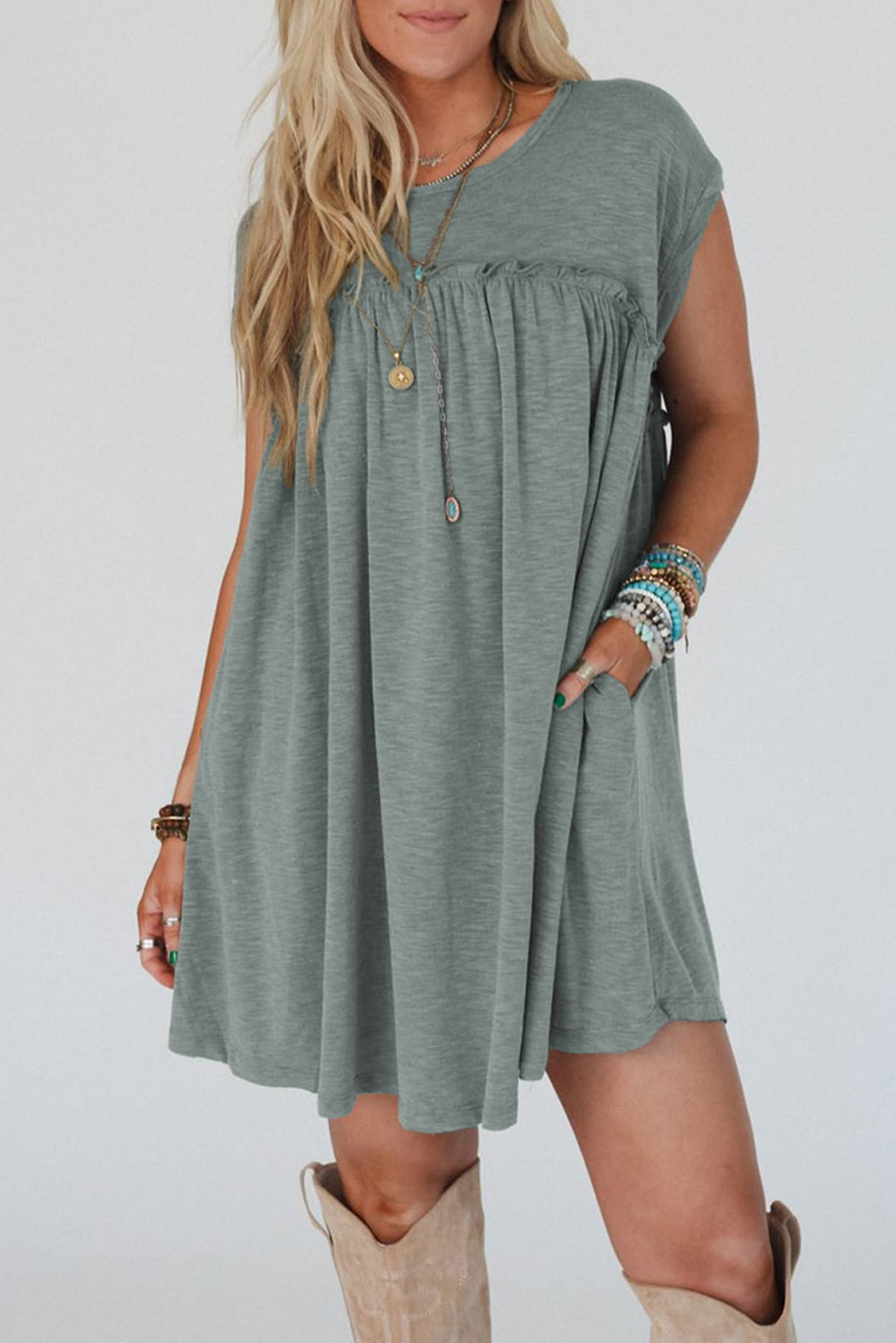 Mist Green Frilled Seam Round Neck T Shirt Dress