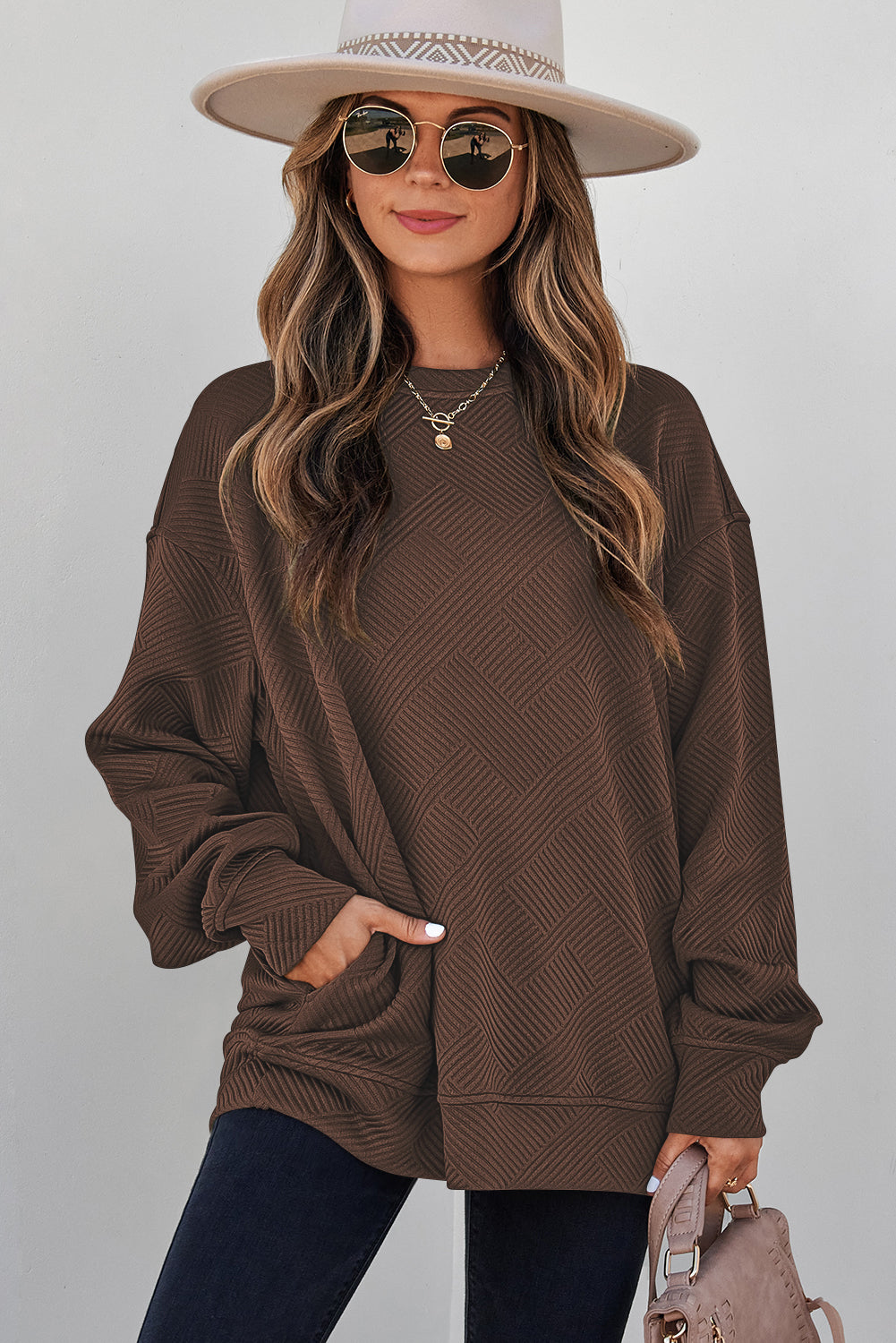 Jungle Green Solid Color Textured Round Neck Drop Shoulder Pullover Sweatshirt