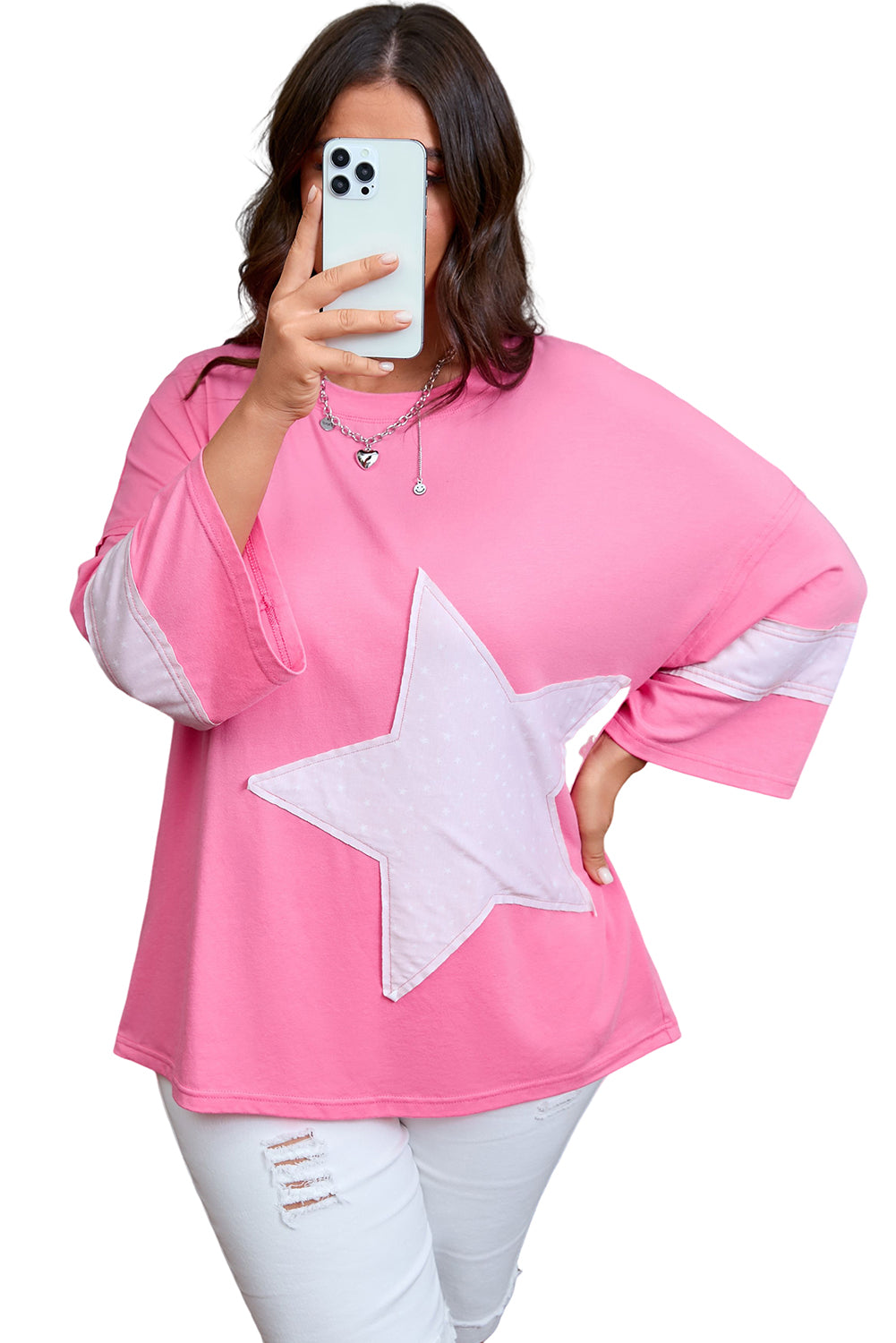 Pink Raw Edge Frayed Star Patched Plus Size Top