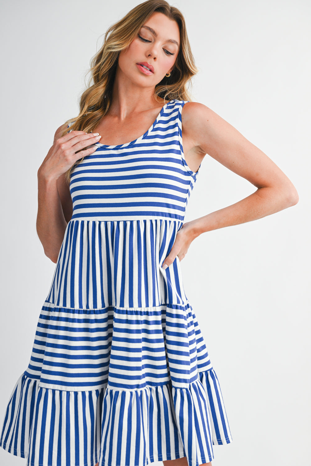 Sky Blue Striped U Neck Sleeveless Loose Fit Mini Dress