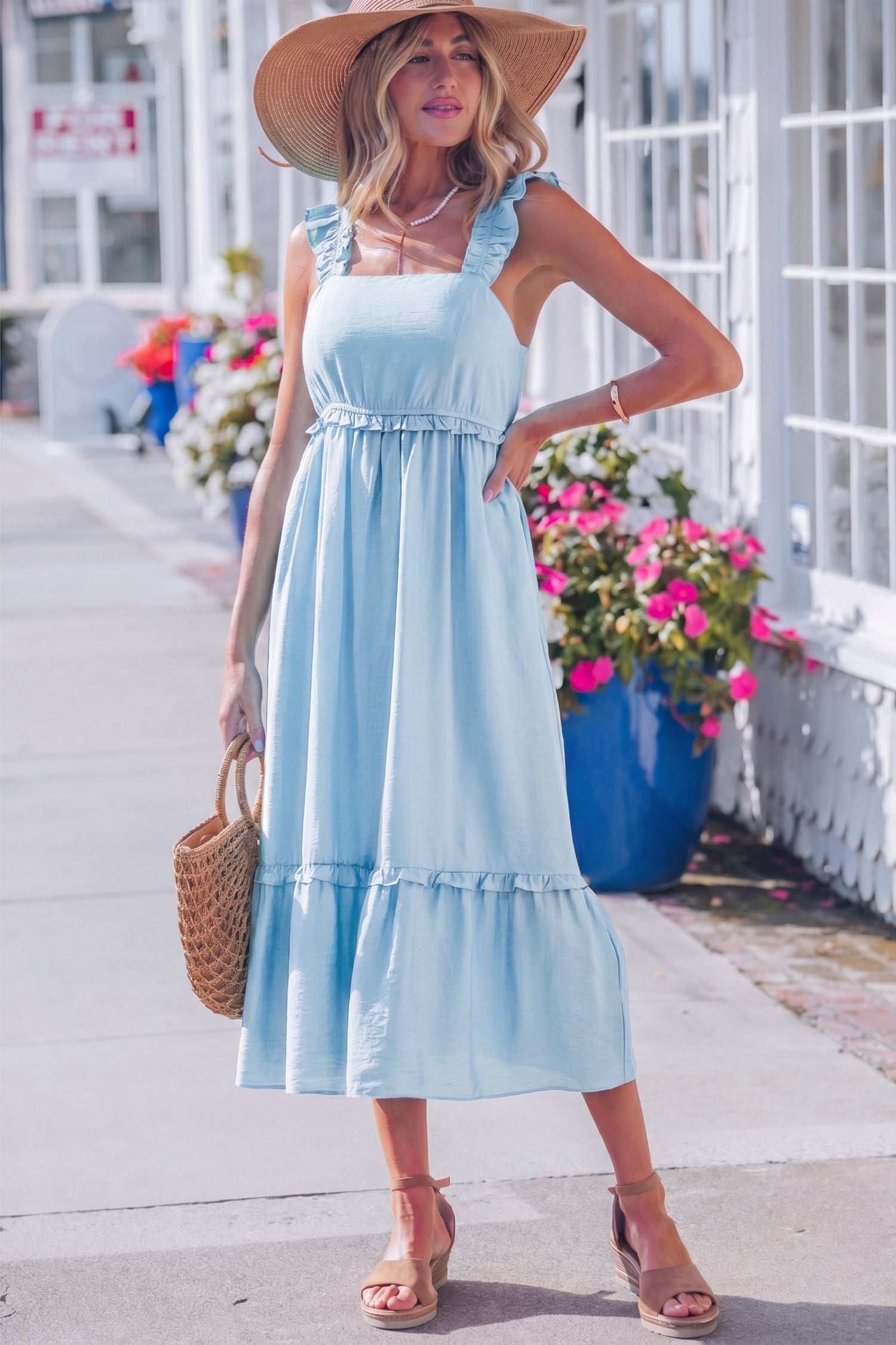 Bonbon Solid Color Ruffle Trim High Waist Sleeveless Maxi Dress