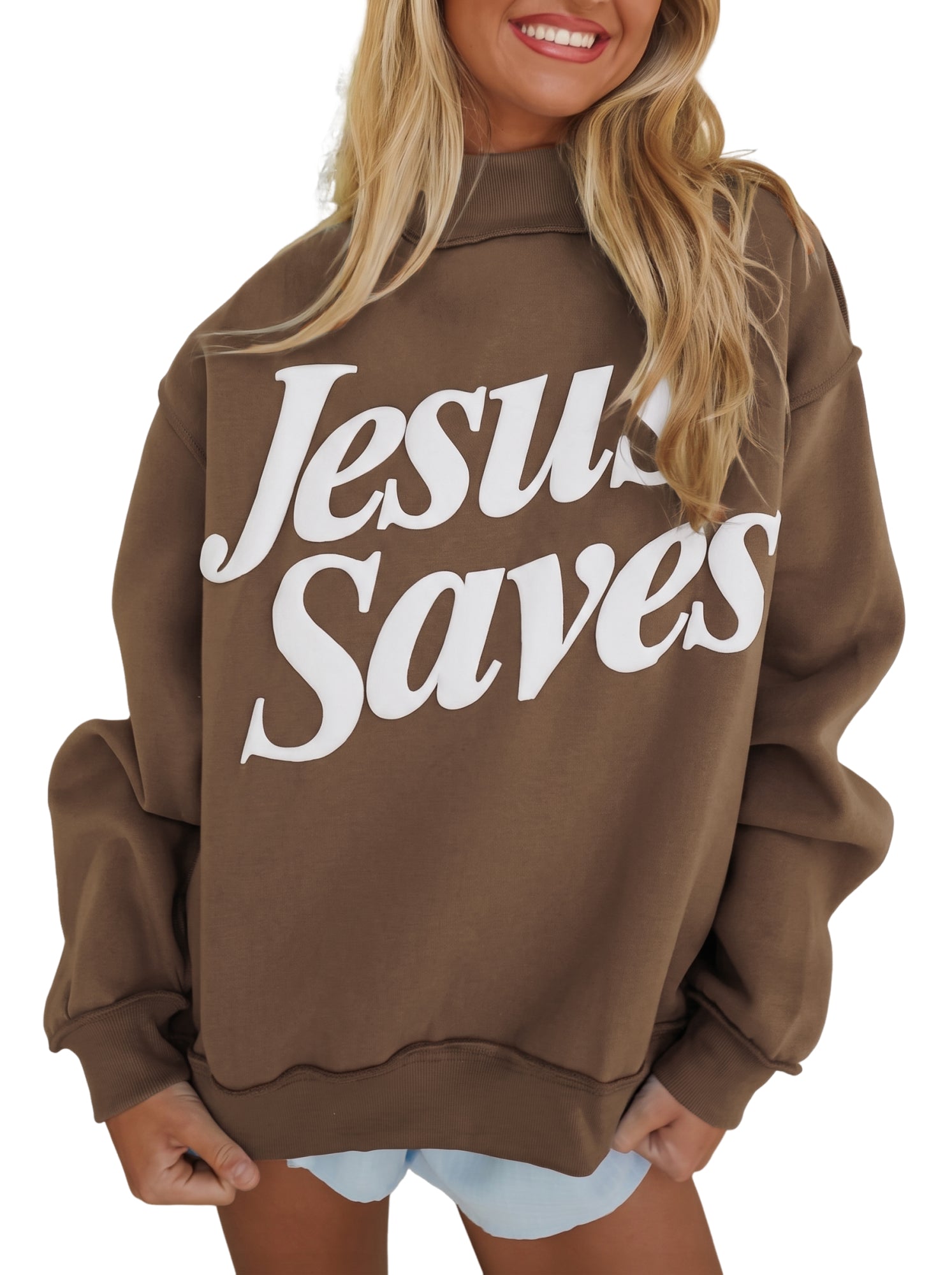 Mist Blue Jesus Saves Slogan Print Stand Neck Baggy Sweatshirt