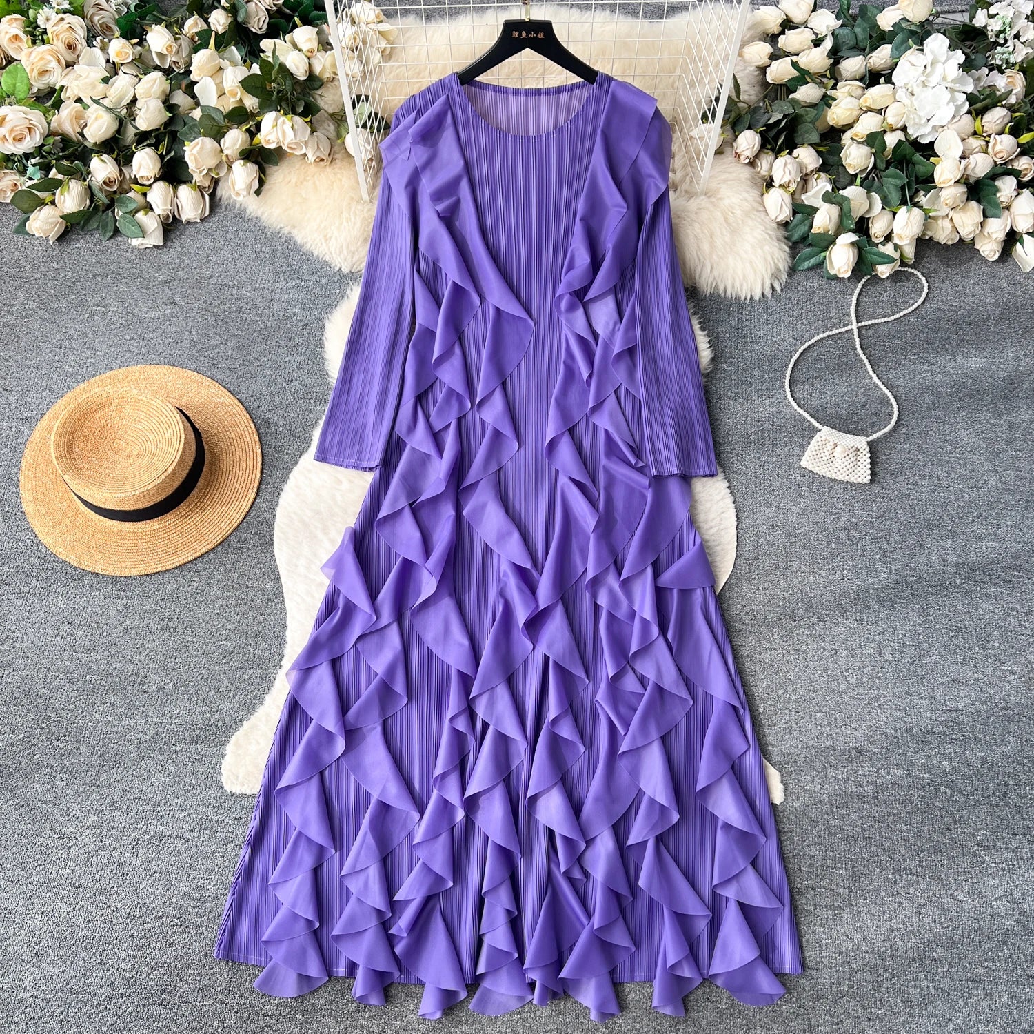 Elegant  Midi Dress For Women Empire Ruffled Shift Lace Dress