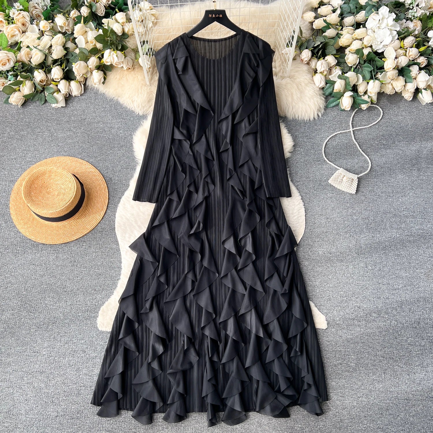 Elegant  Midi Dress For Women Empire Ruffled Shift Lace Dress